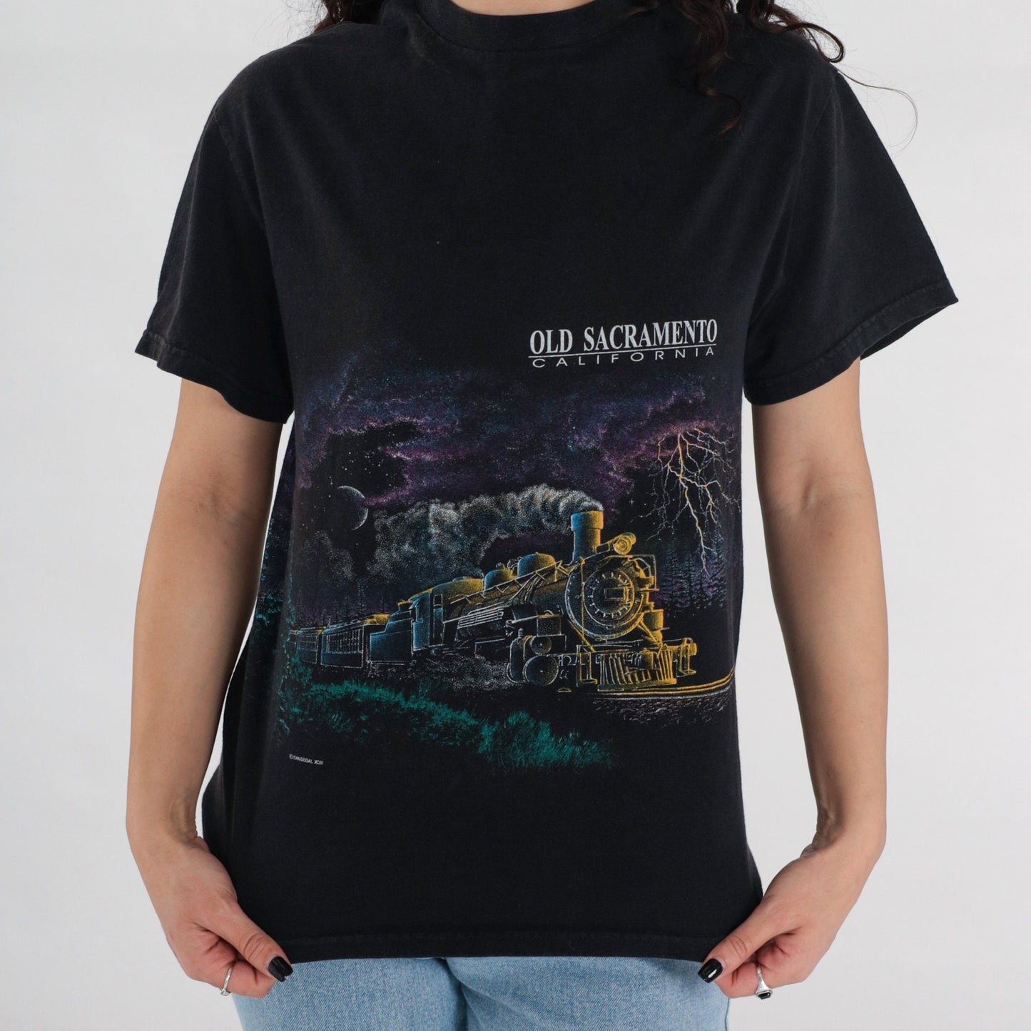90s Train Shirt Old Sacramento Night Sky Full Moon Graphic Tee Black Medium