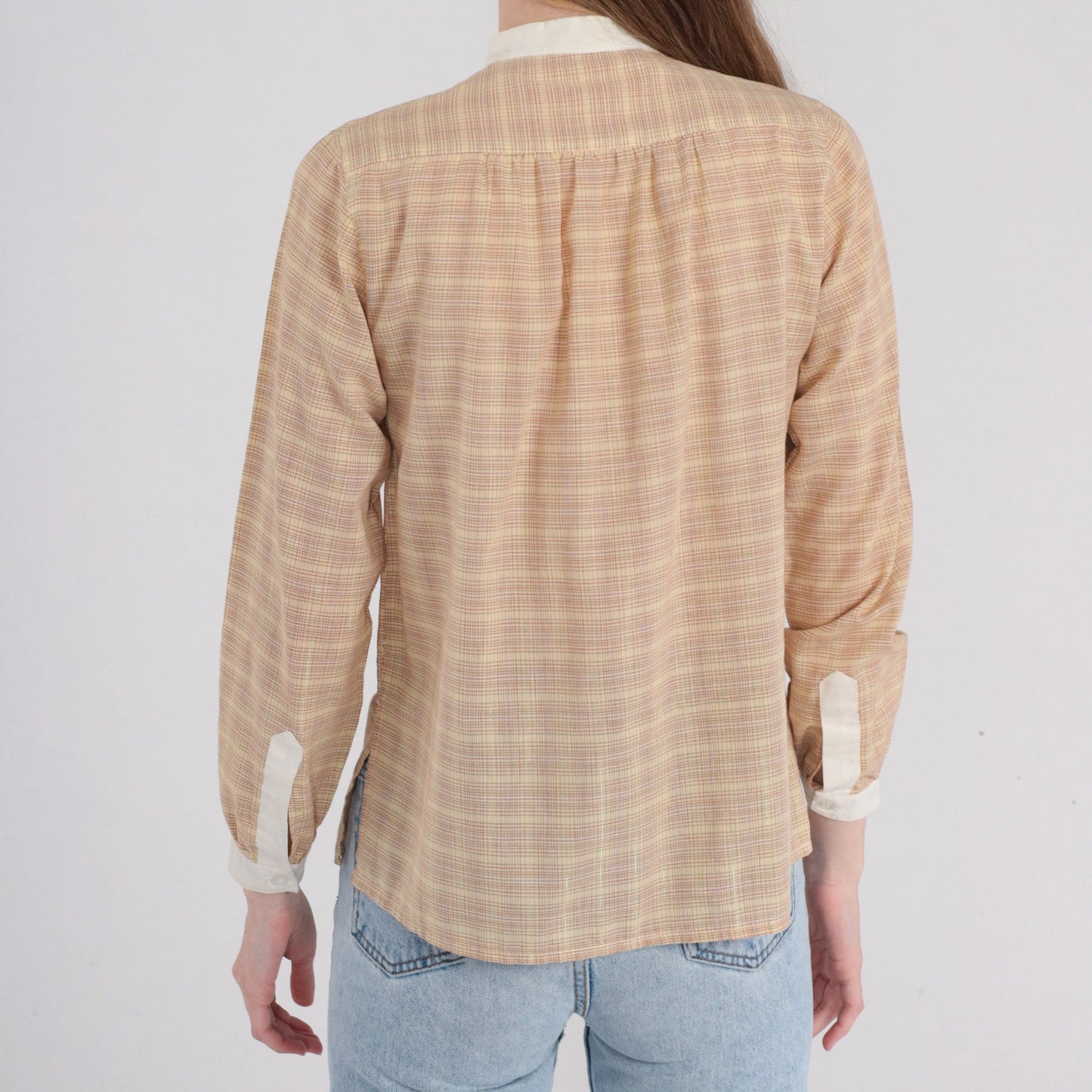 70s Plaid Half-Button Blouse Long Sleeve Checkered Shirt Tan White Small