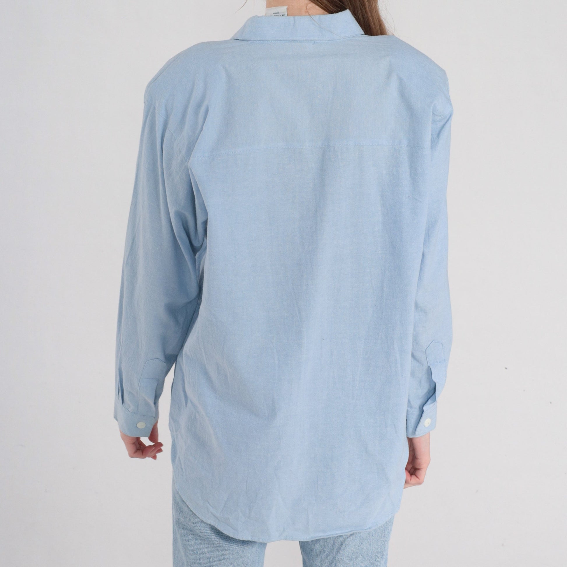 90s Bobbie Brooks Light Blue Pearl Beaded Floral Button-Up Blouse Medium