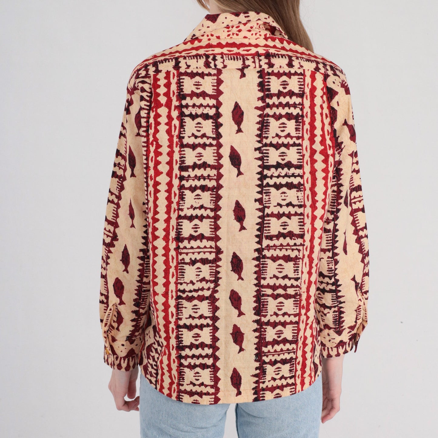 90s Batik Fish Stamp Print Button-Up Shirt Tan Red Long Sleeve Medium