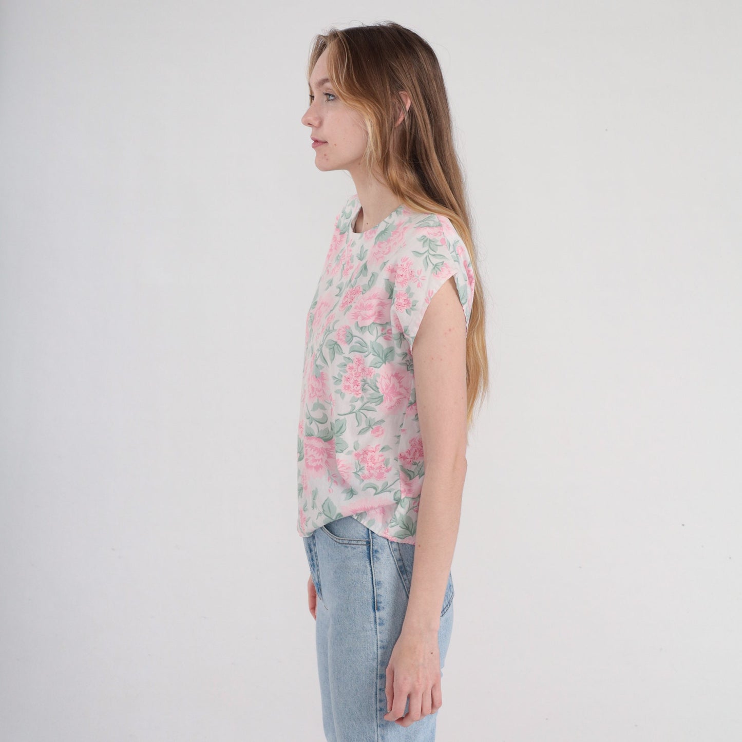 80s White Floral Blouse Cap Sleeve Peony Print Pink Green Medium