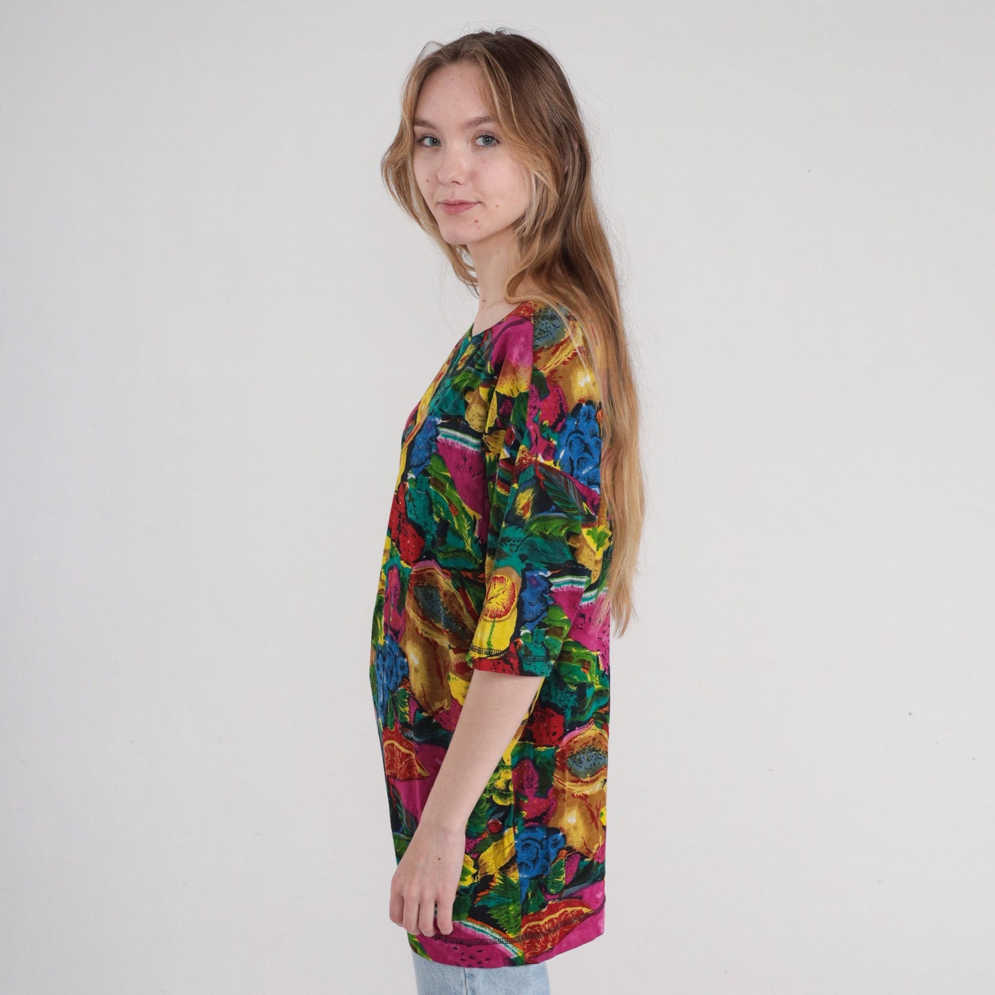 90s Fruit Print Cotton Tunic Blouse Watermelon Grape Colorful Short Sleeve Medium