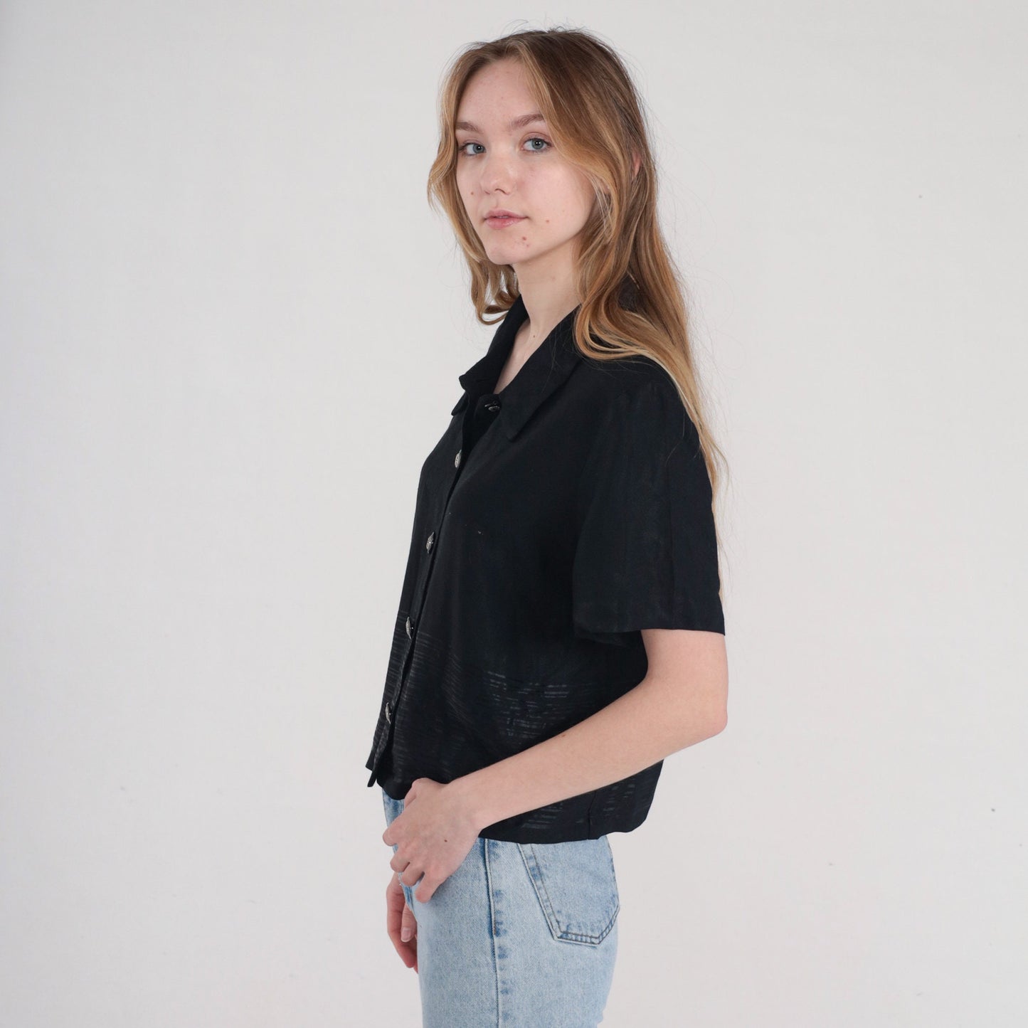 90s Black Button-Up Blouse Shiny Striped Short Sleeve Large L
