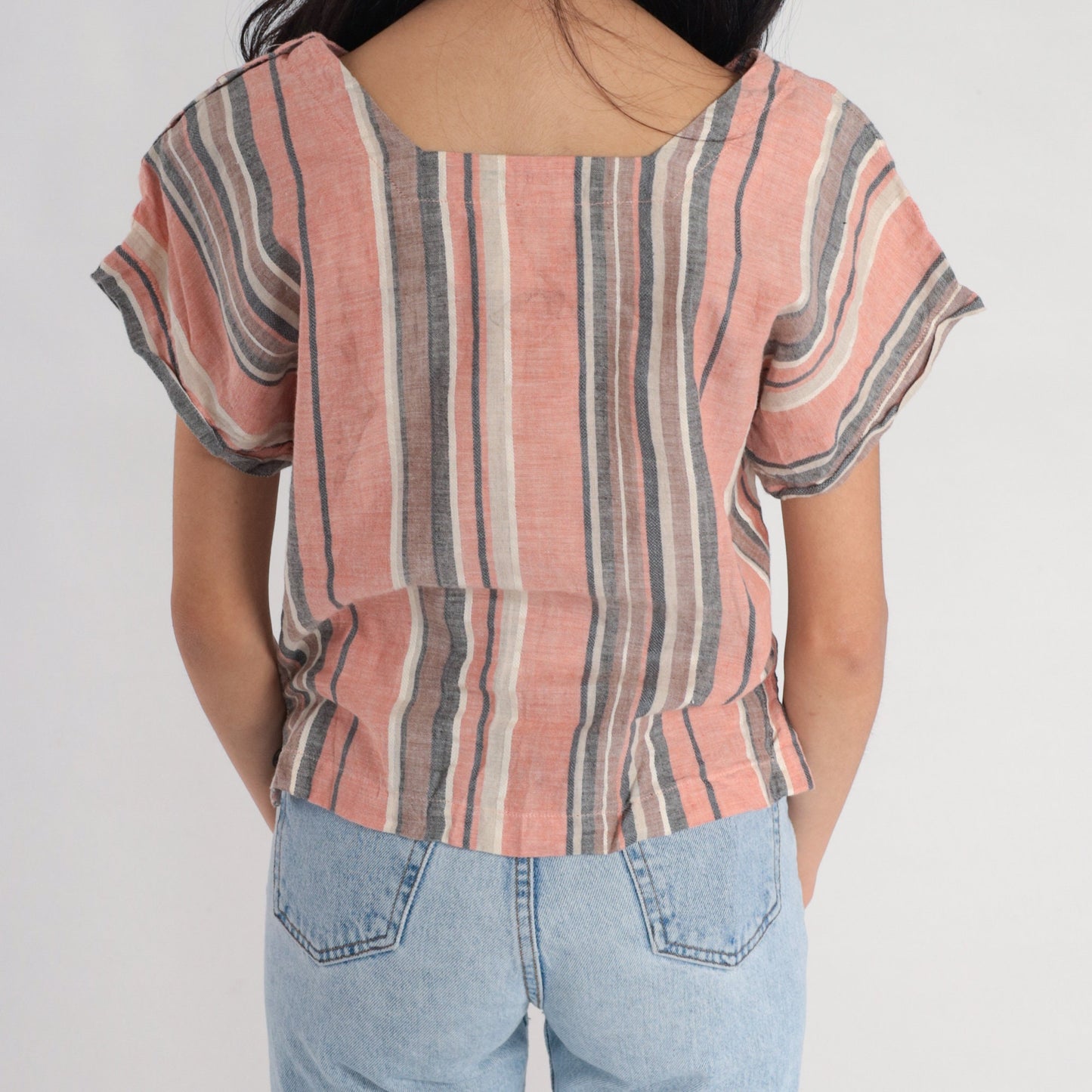 80s Pink Striped Button Shoulder Blouse Short Sleeve Top Medium