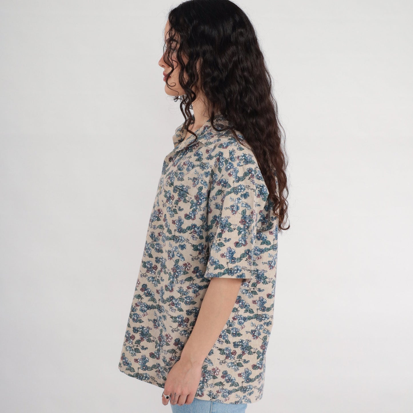 90s Beige Floral Button-Up Shirt Men's Large Short Sleeve Collared