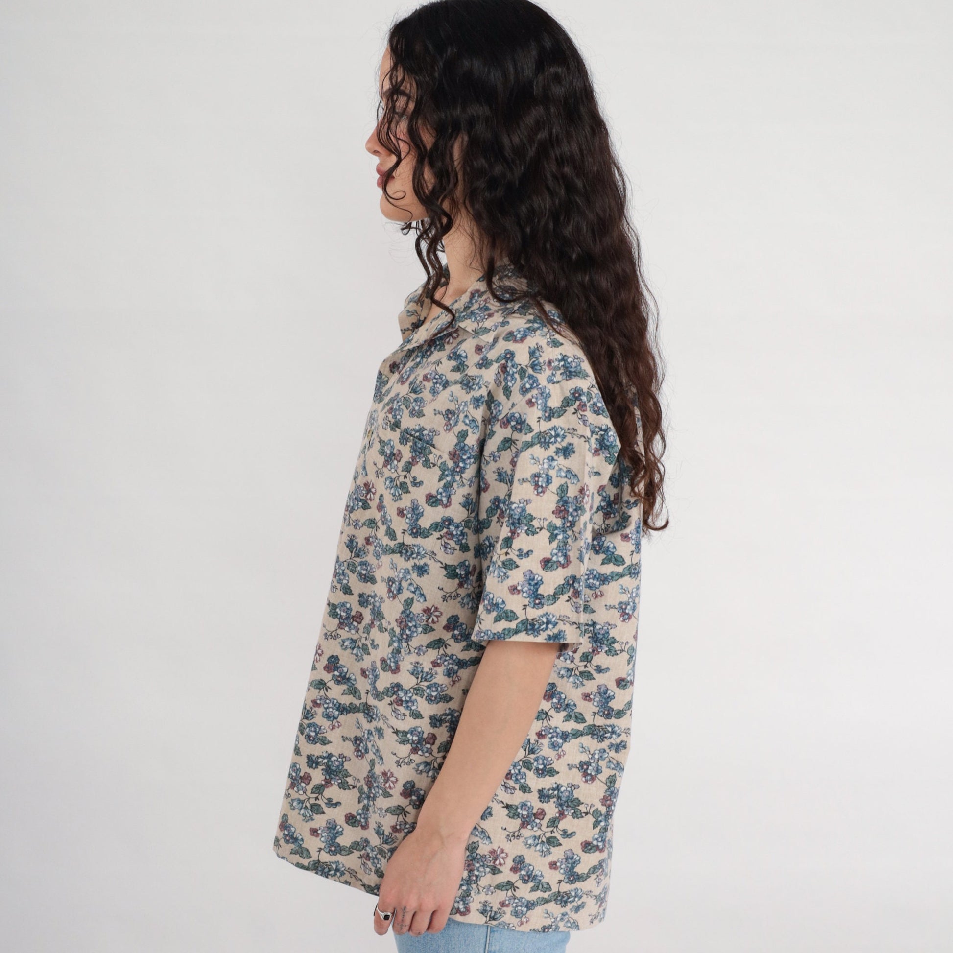 90s Beige Floral Button-Up Shirt Men's Large Short Sleeve Collared