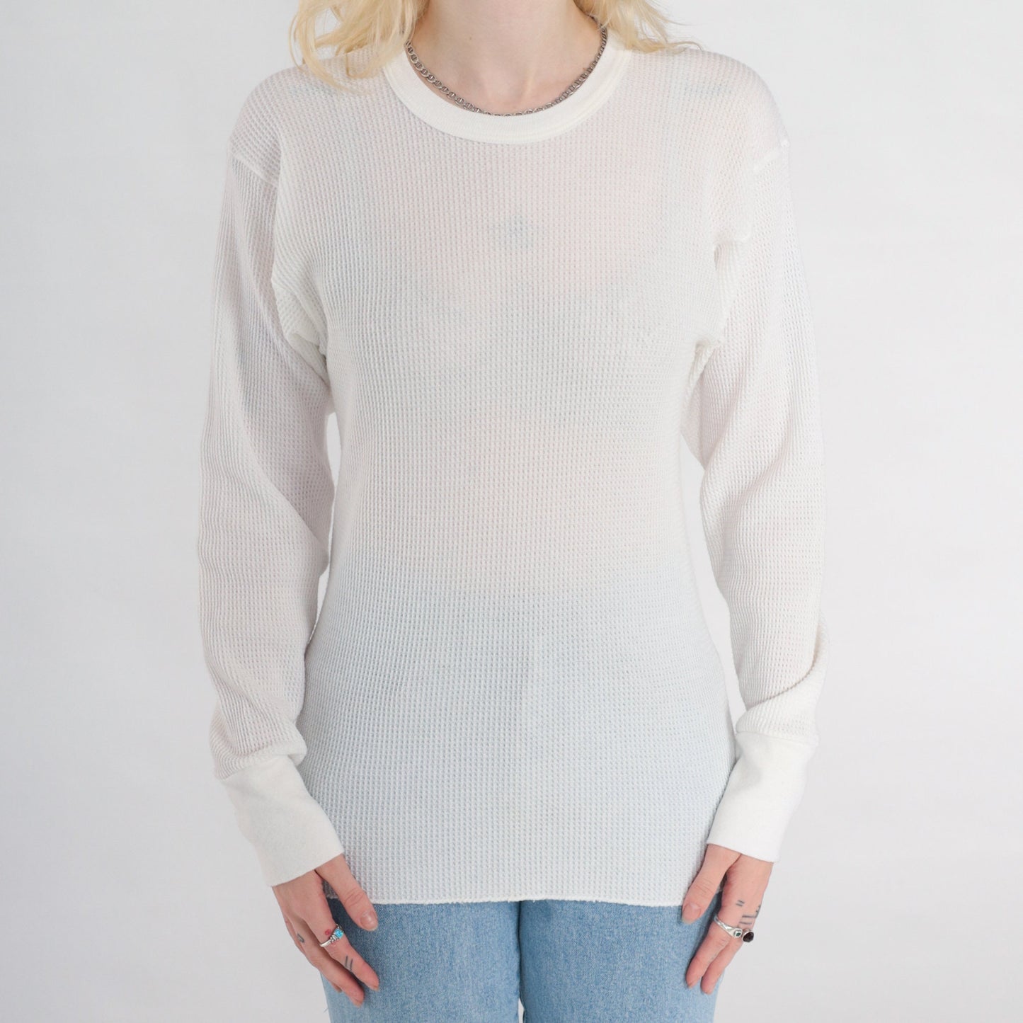 80s White Waffle Knit Thermal Long Sleeve Shirt Small Medium