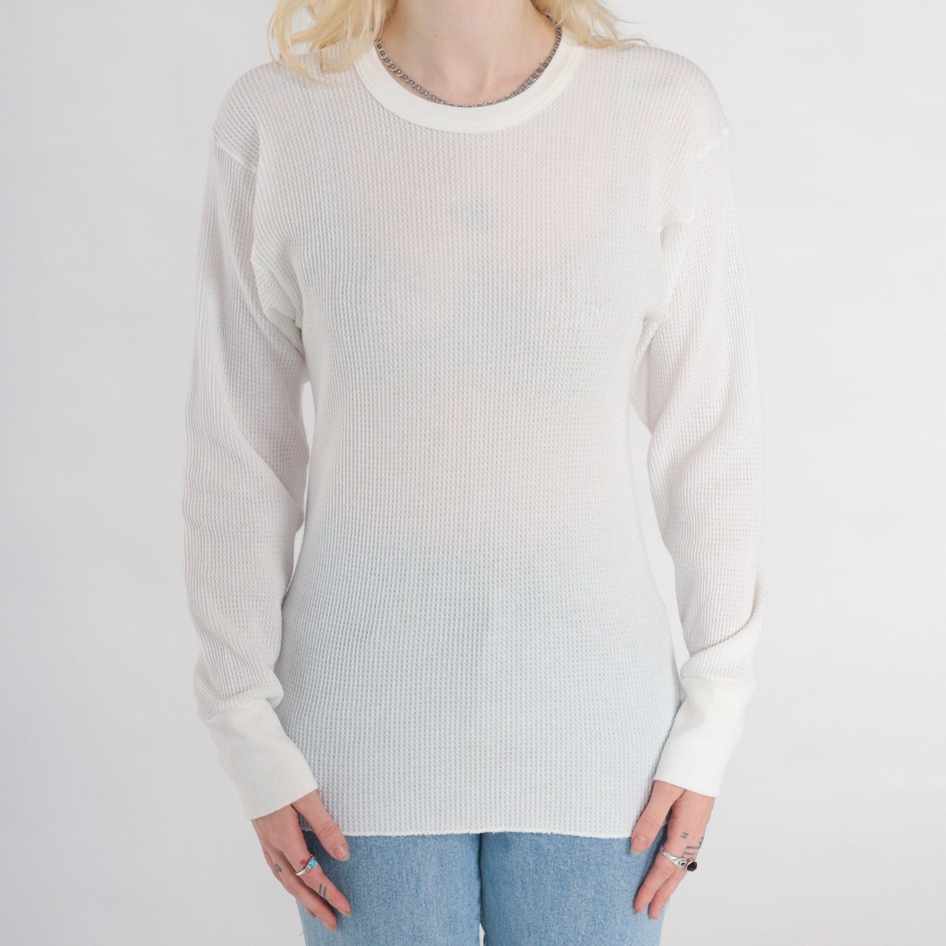 80s White Waffle Knit Thermal Long Sleeve Shirt Small Medium
