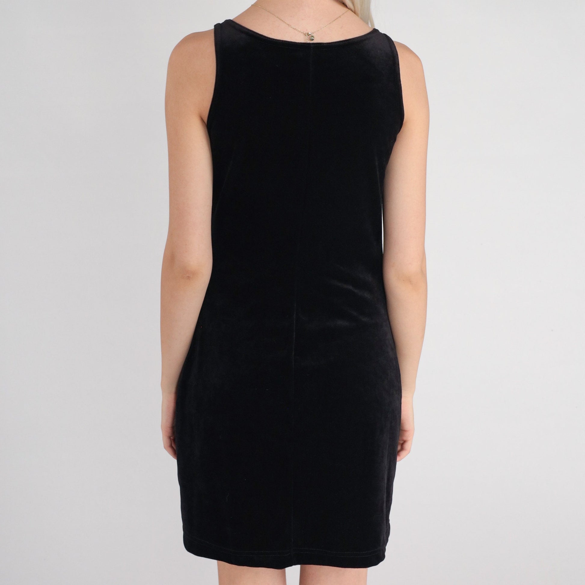 90s Black Velour Mini Dress Sleeveless Shift Vine Embroidery XS
