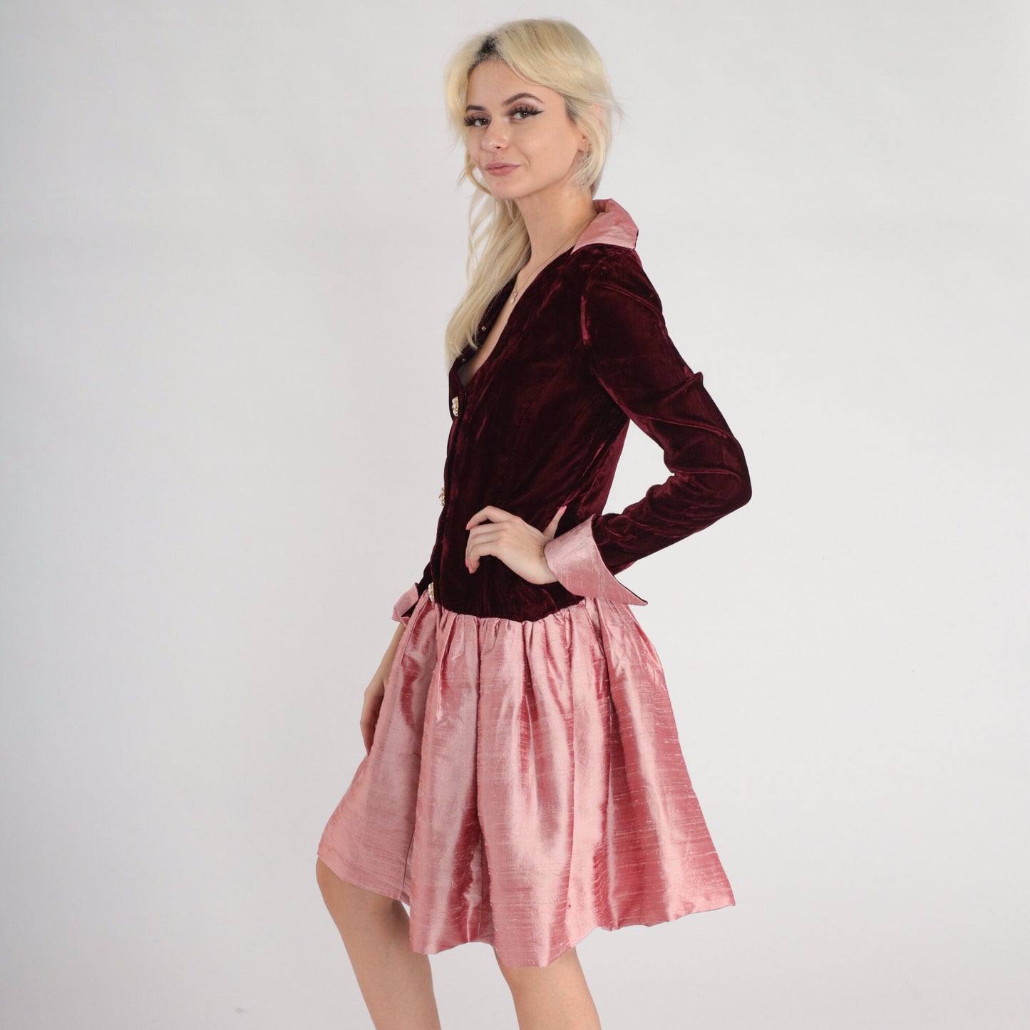 60s Red Velvet Pink Mini Dress Drop Waist Collared Long Sleeve Small S