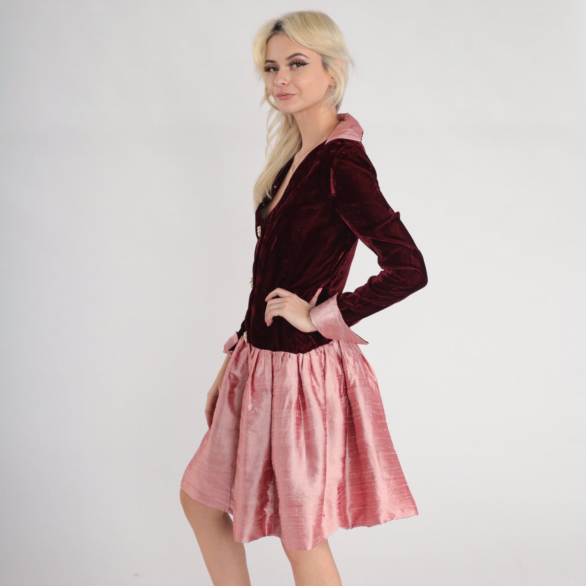 60s Red Velvet Pink Mini Dress Drop Waist Collared Long Sleeve Small S