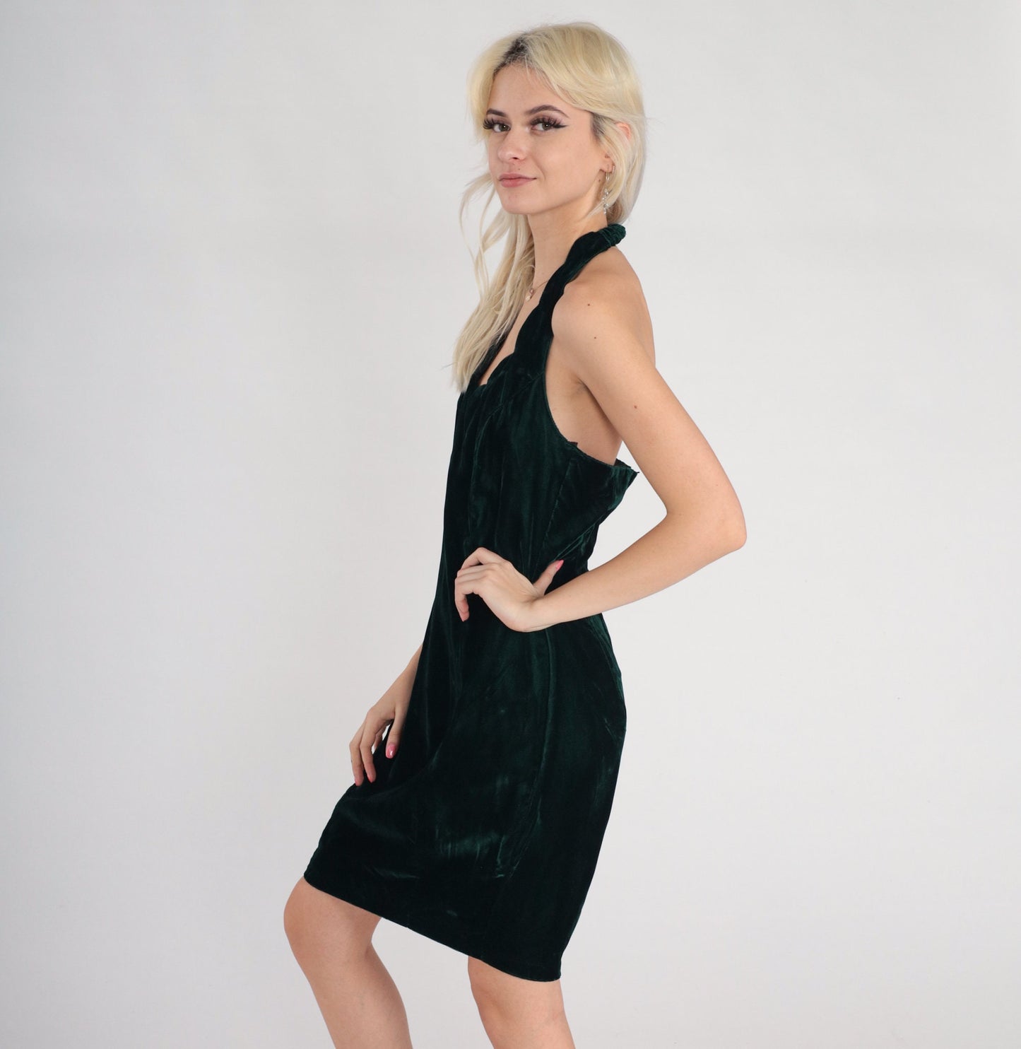 90s Dark Green Velvet Mini Dress Scalloped Halter Open Back Small