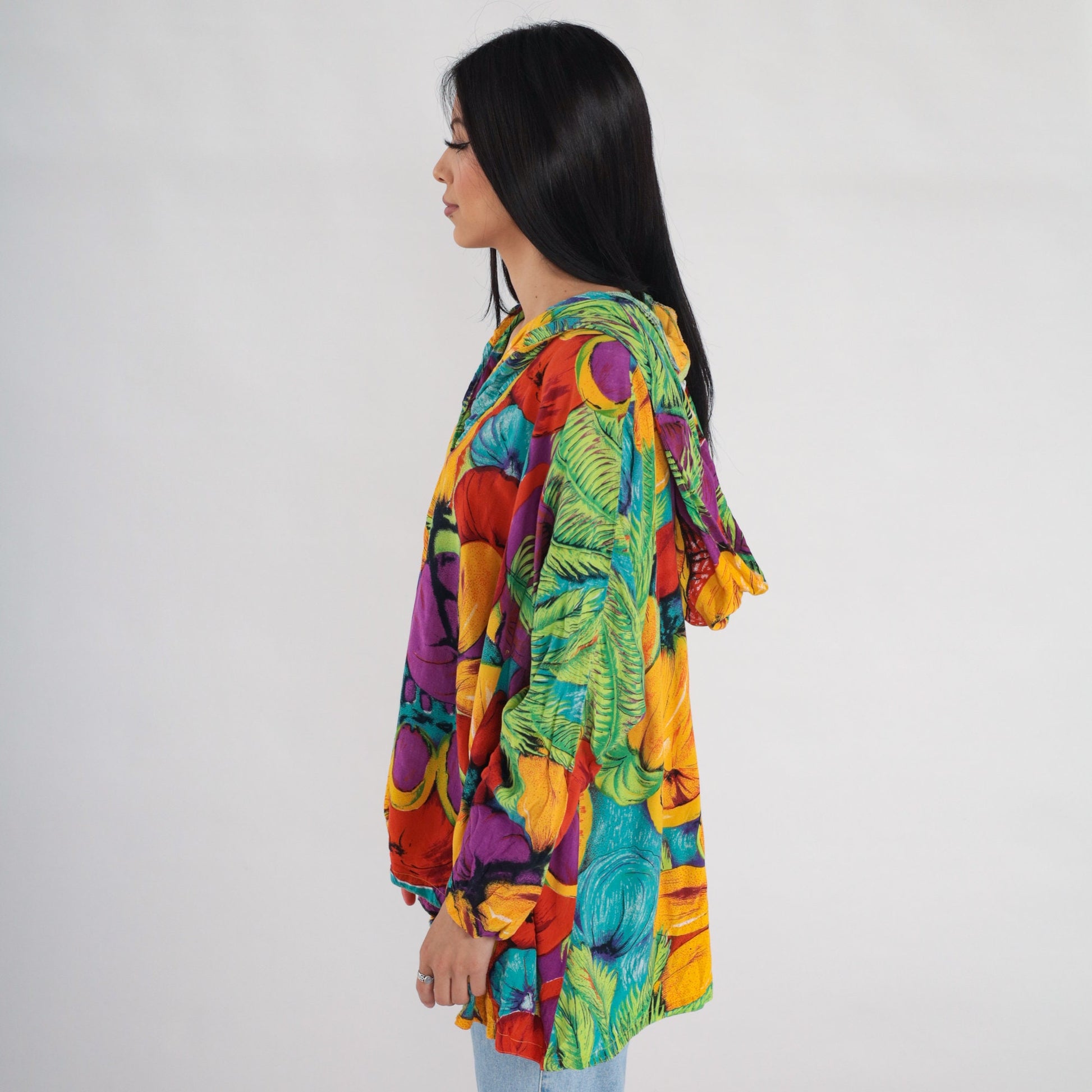 00s Fruit Print Hooded Blouse Colorful Long Sleeve High-Low Tunic One Size