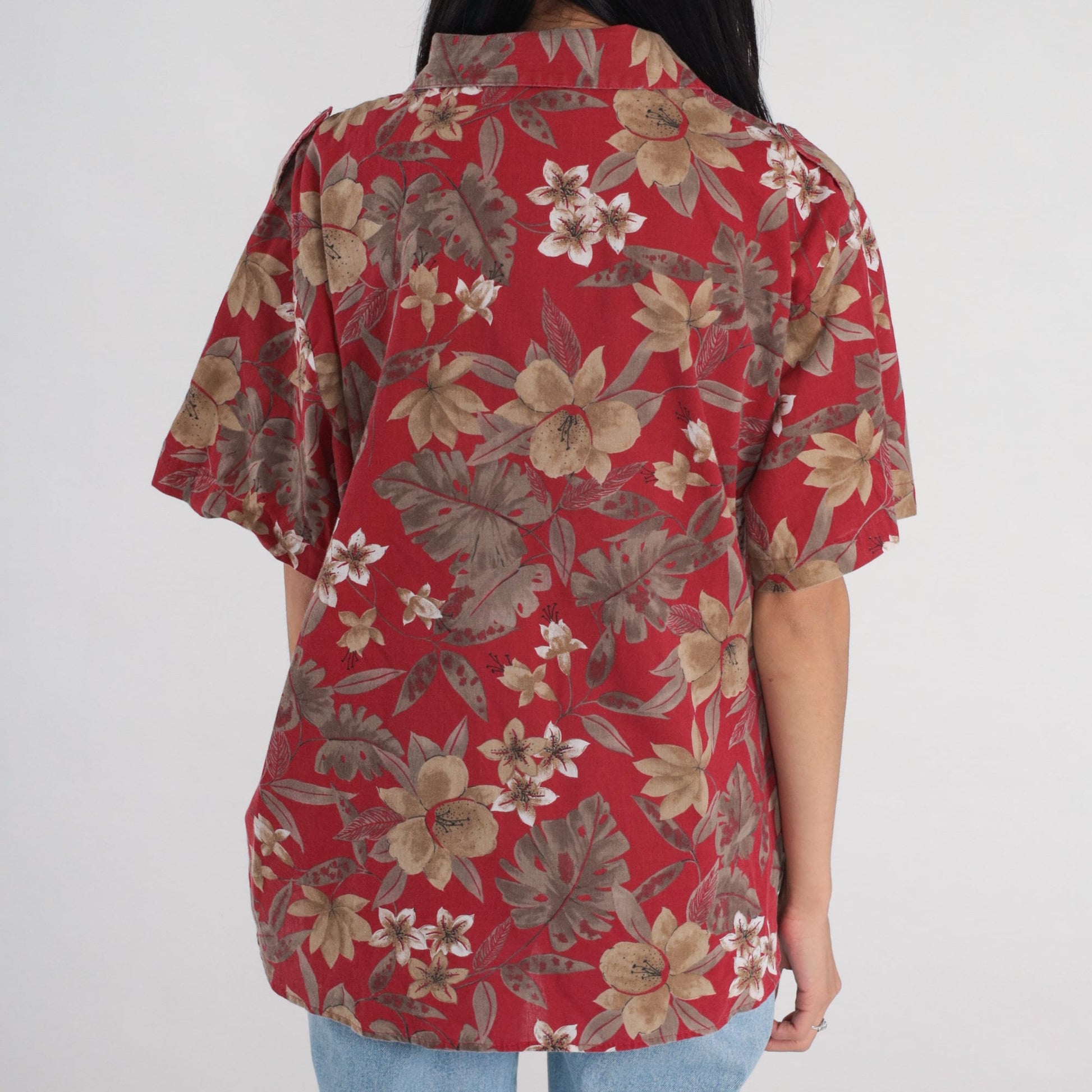 90s Red Tropical Floral Button-Up Shirt Short Sleeve Plumeria Print Extra Large XL