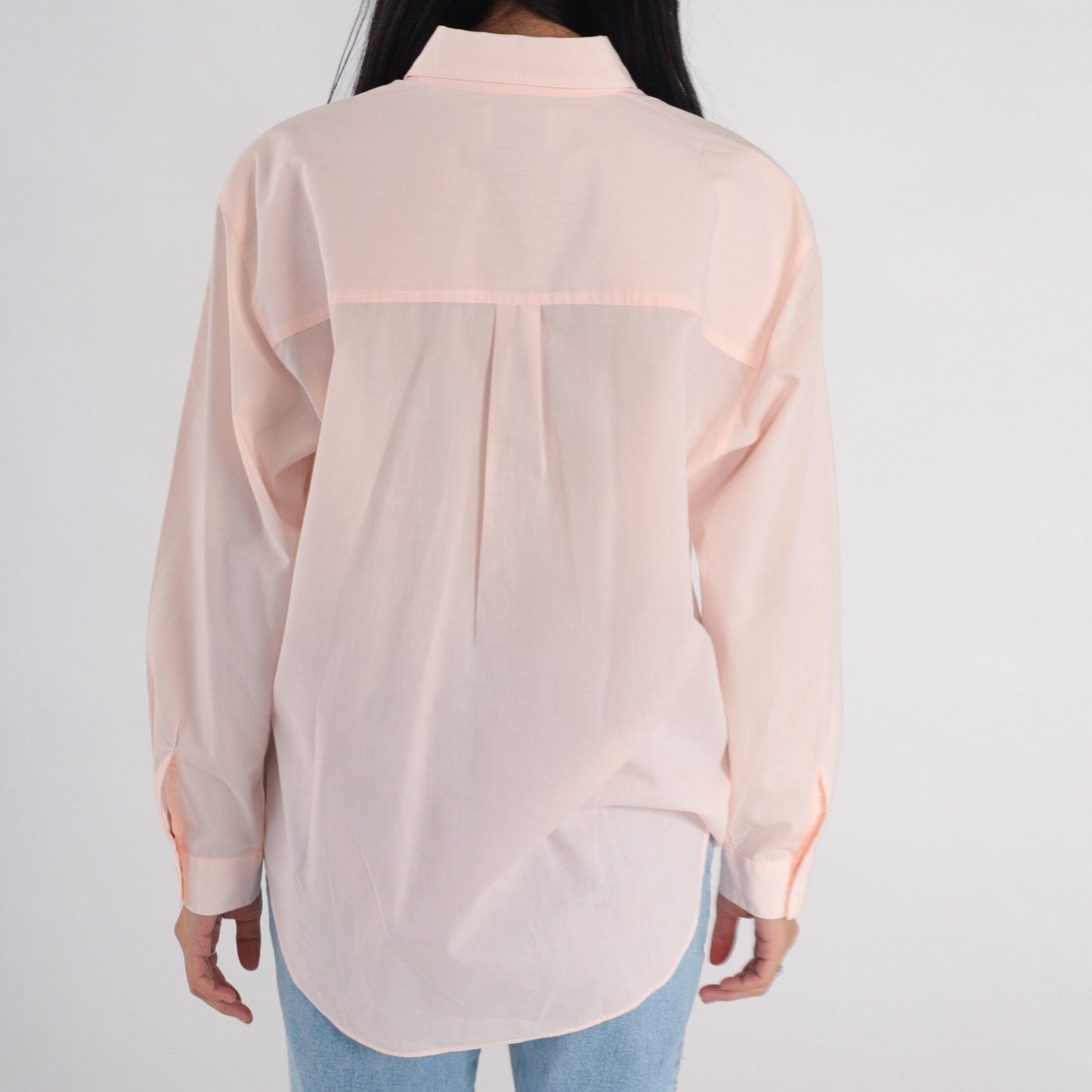 90s Baby Pink Semi-Sheer Button-Up Blouse Collared Long Sleeve Medium
