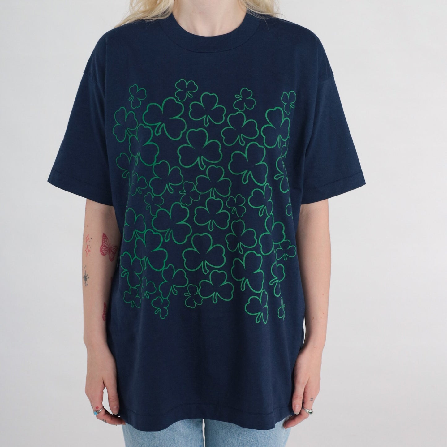 90s Clover Graphic T-Shirt Navy Blue Single Stitch Fruit of the Loom Extra Large XL