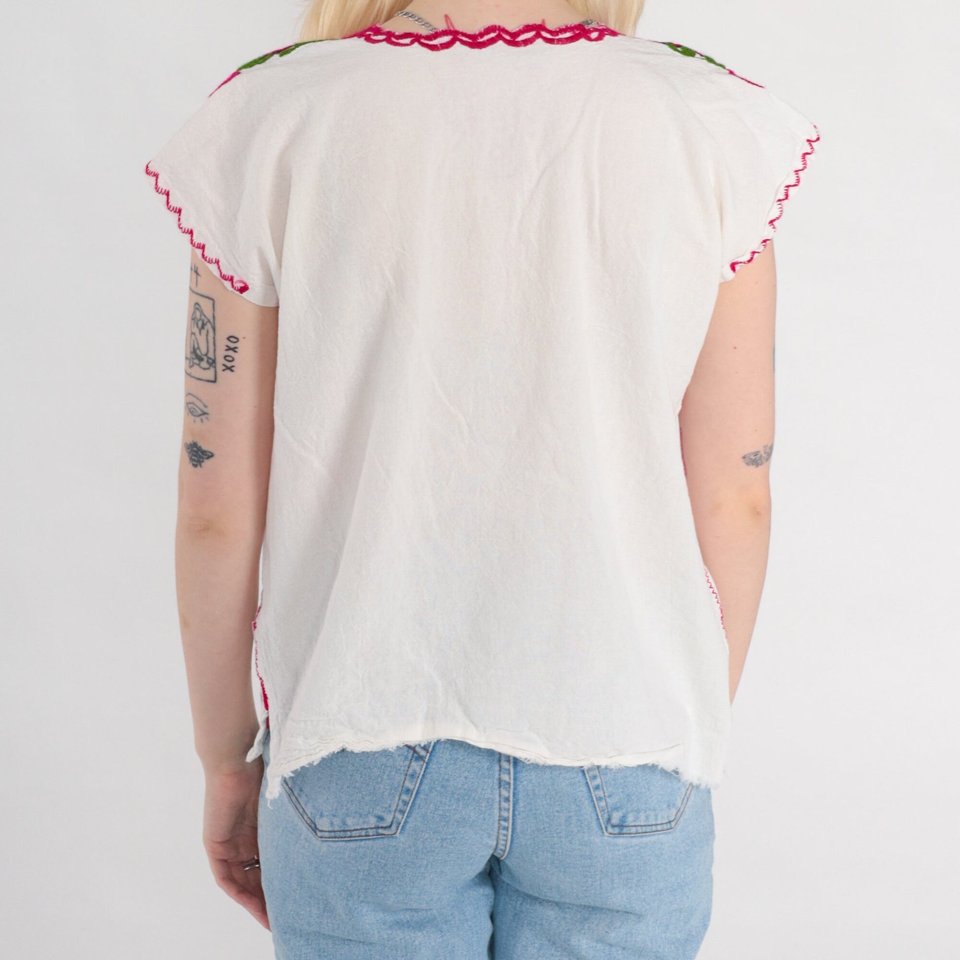 1990s Mexican Floral Embroidered Cotton Blouse White Tunic Small S