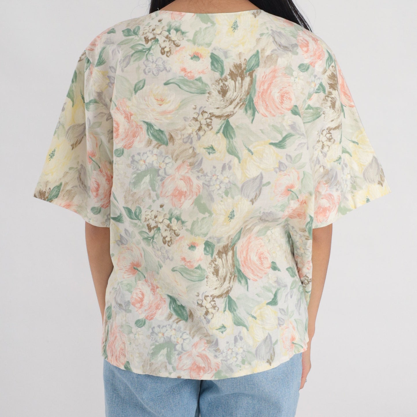 90s Floral Rose Print Button-Up Blouse Short Sleeve Cream Pink Green Large L