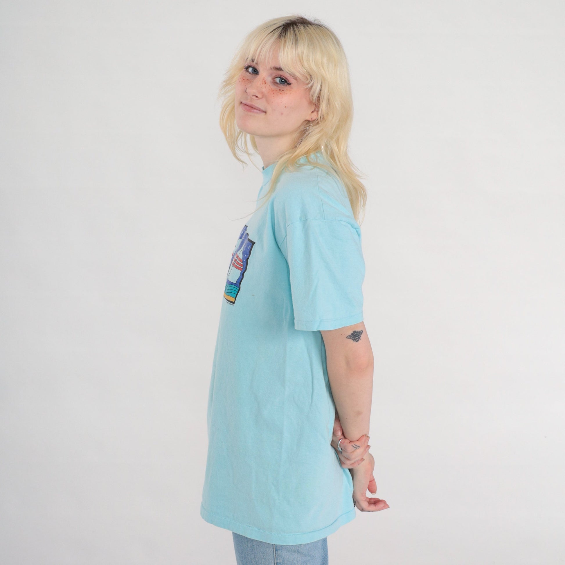 80s Boston Sailboat Graphic T-Shirt Single Stitch Aqua Blue Medium Large