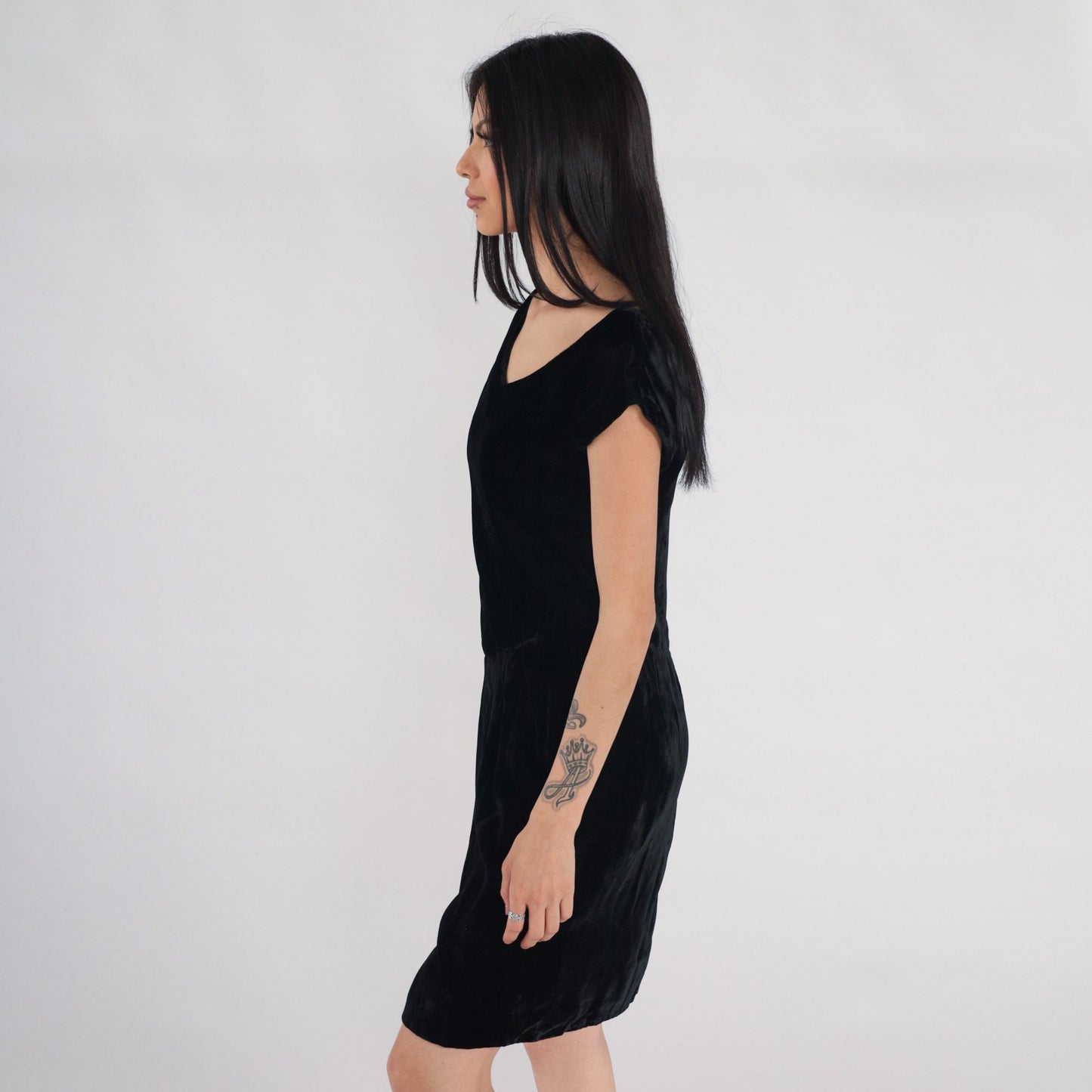 60s Black Velvet Mini Dress Cap Sleeve Pencil Front Slit Small