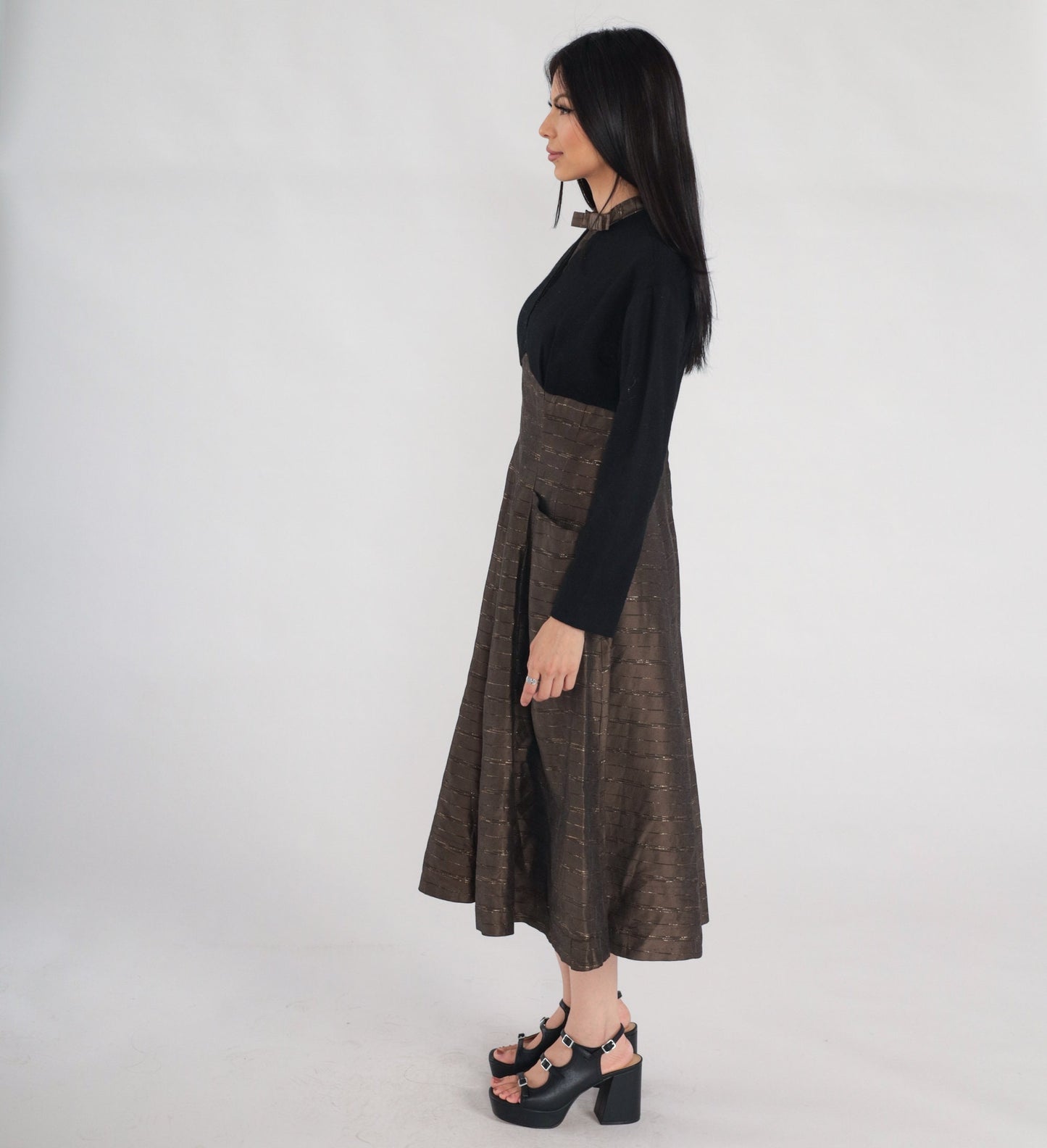1950s Metallic Striped Brown Wool Midi Dress Black Bow High Neck Medium