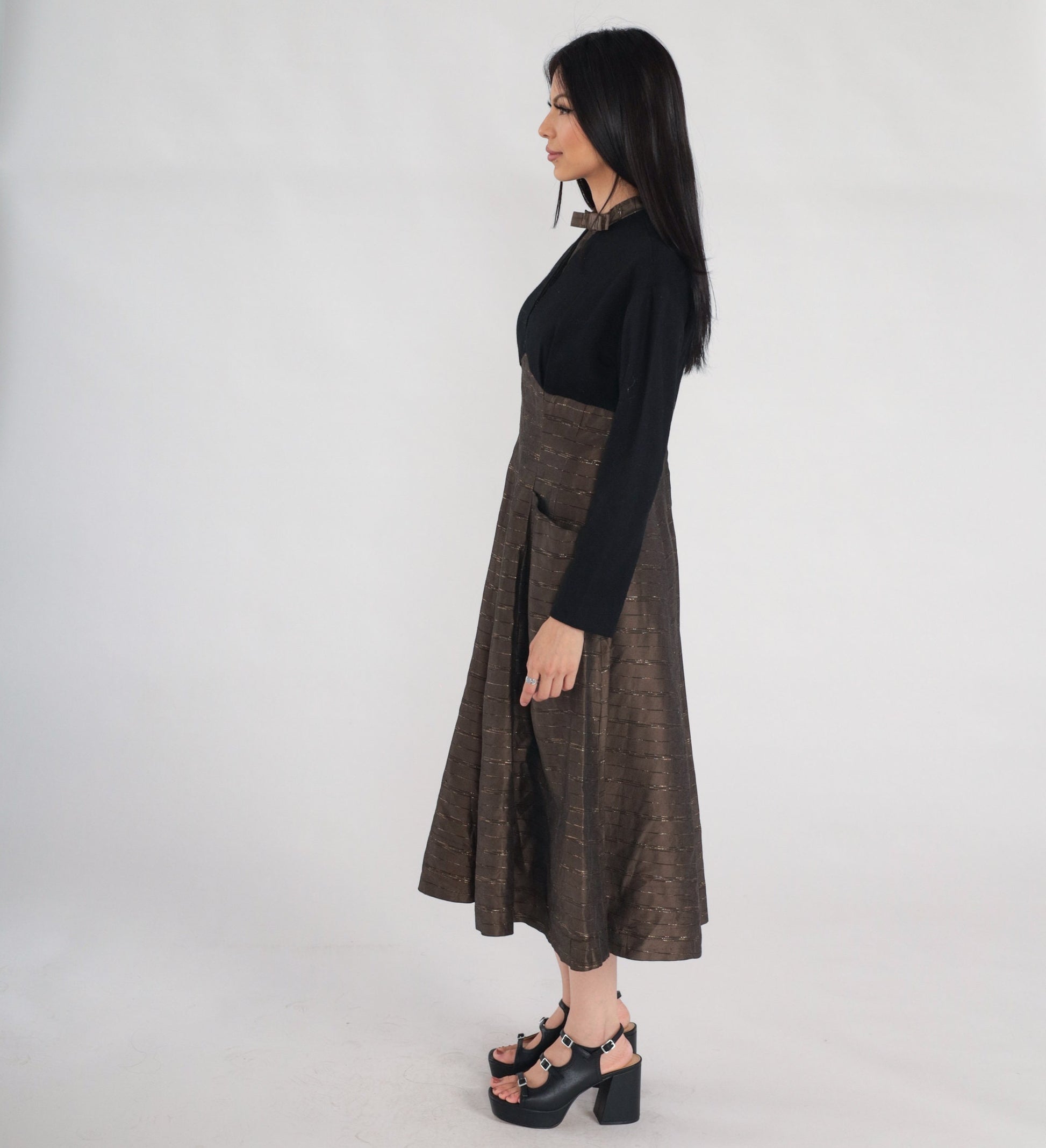 1950s Metallic Striped Brown Wool Midi Dress Black Bow High Neck Medium