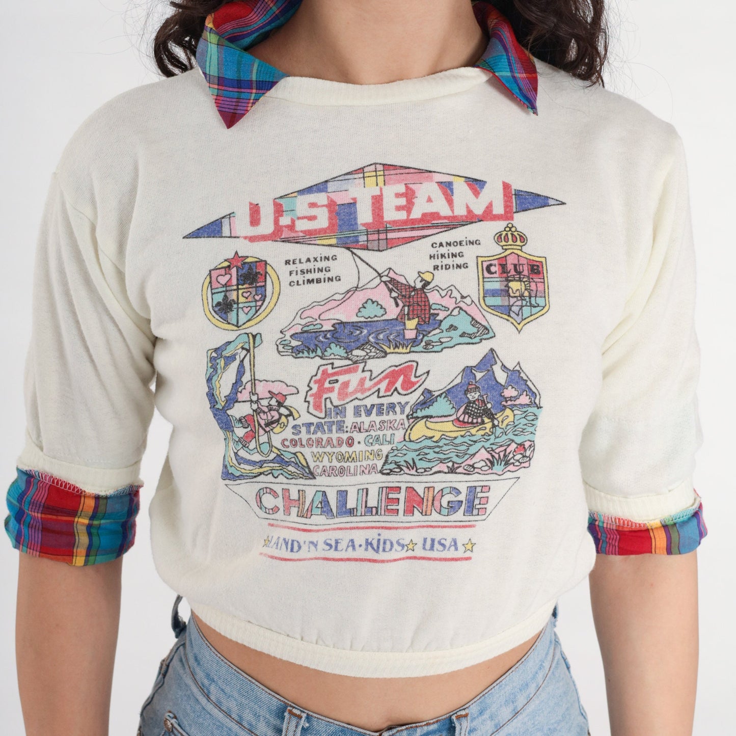 80s US Team Challenge Fishing Climbing Canoeing Graphic Sweatshirt Cropped XXS