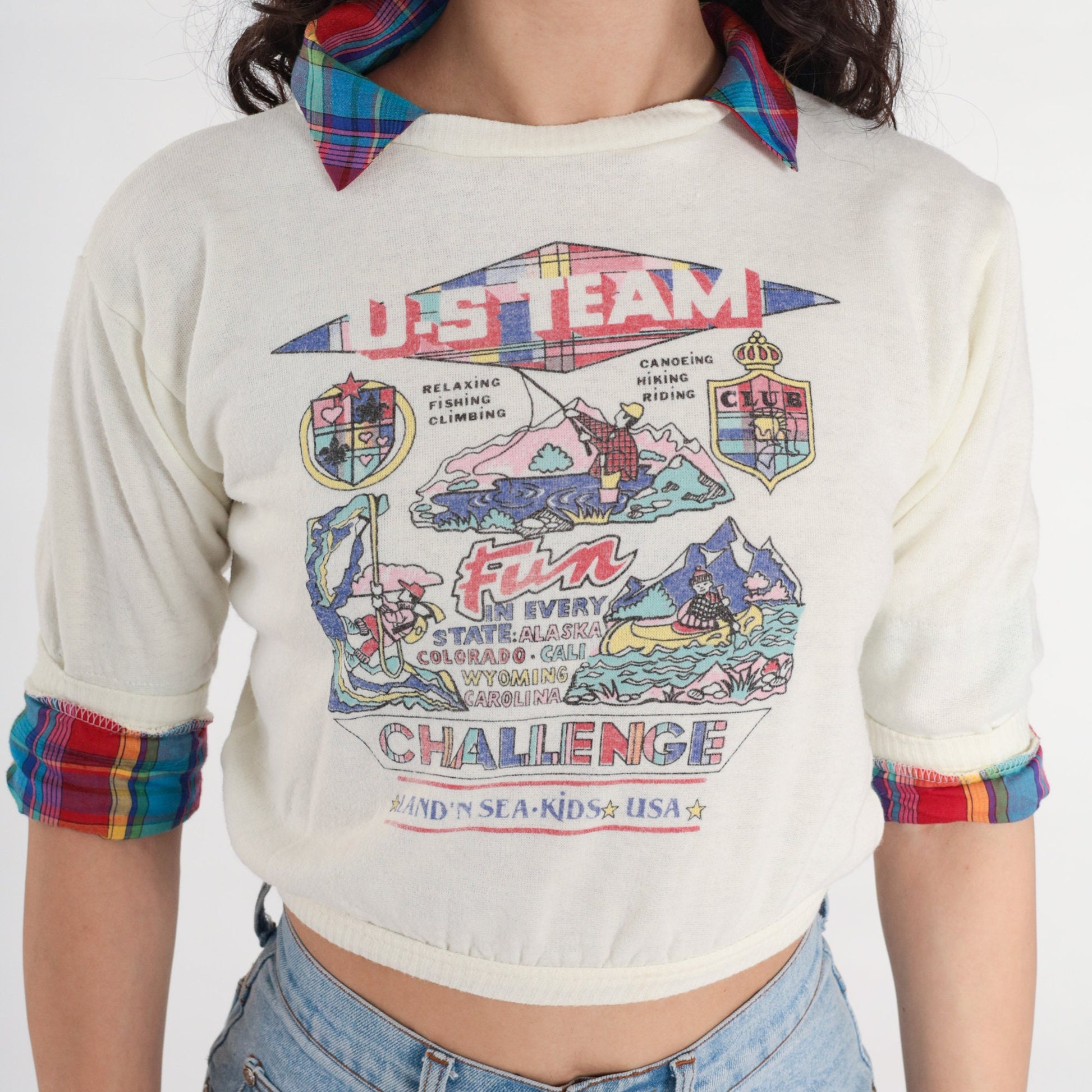 80s US Team Challenge Fishing Climbing Canoeing Graphic Sweatshirt Cropped XXS