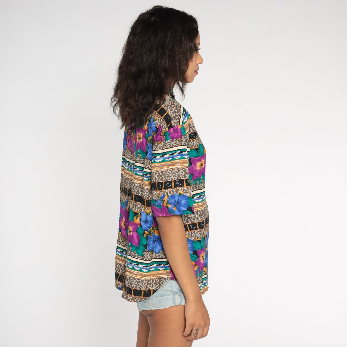 90s Kathie Lee Leopard Floral Button-Up Blouse Rayon Medium