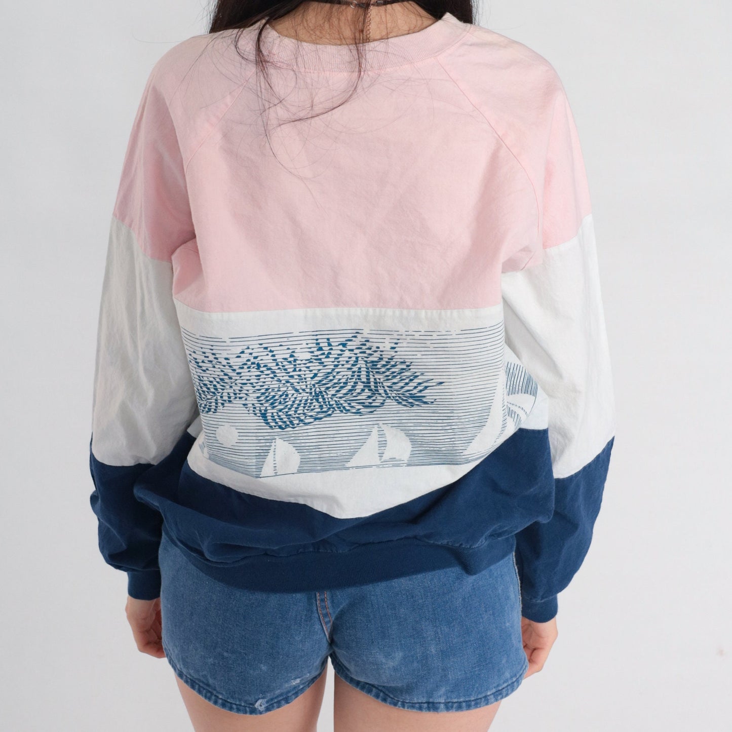 80s Newport Beach Sailboat Sweatshirt Pink White Blue Striped Raglan Medium