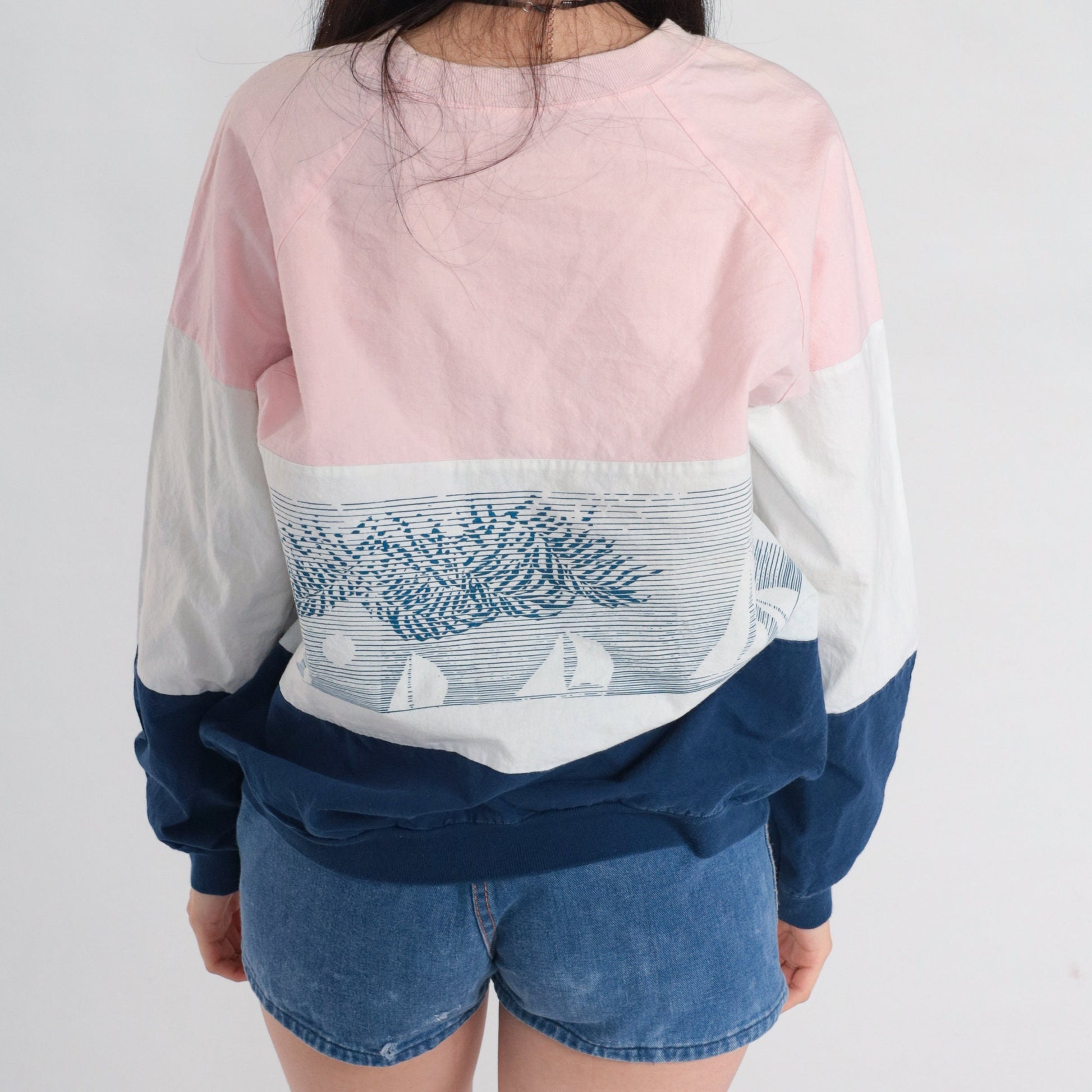 80s Newport Beach Sailboat Sweatshirt Pink White Blue Striped Raglan Medium