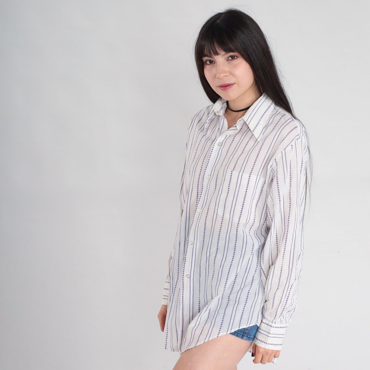 70s White Purple Chevron Striped Oxford Button-Up Shirt Cotton Mens Medium