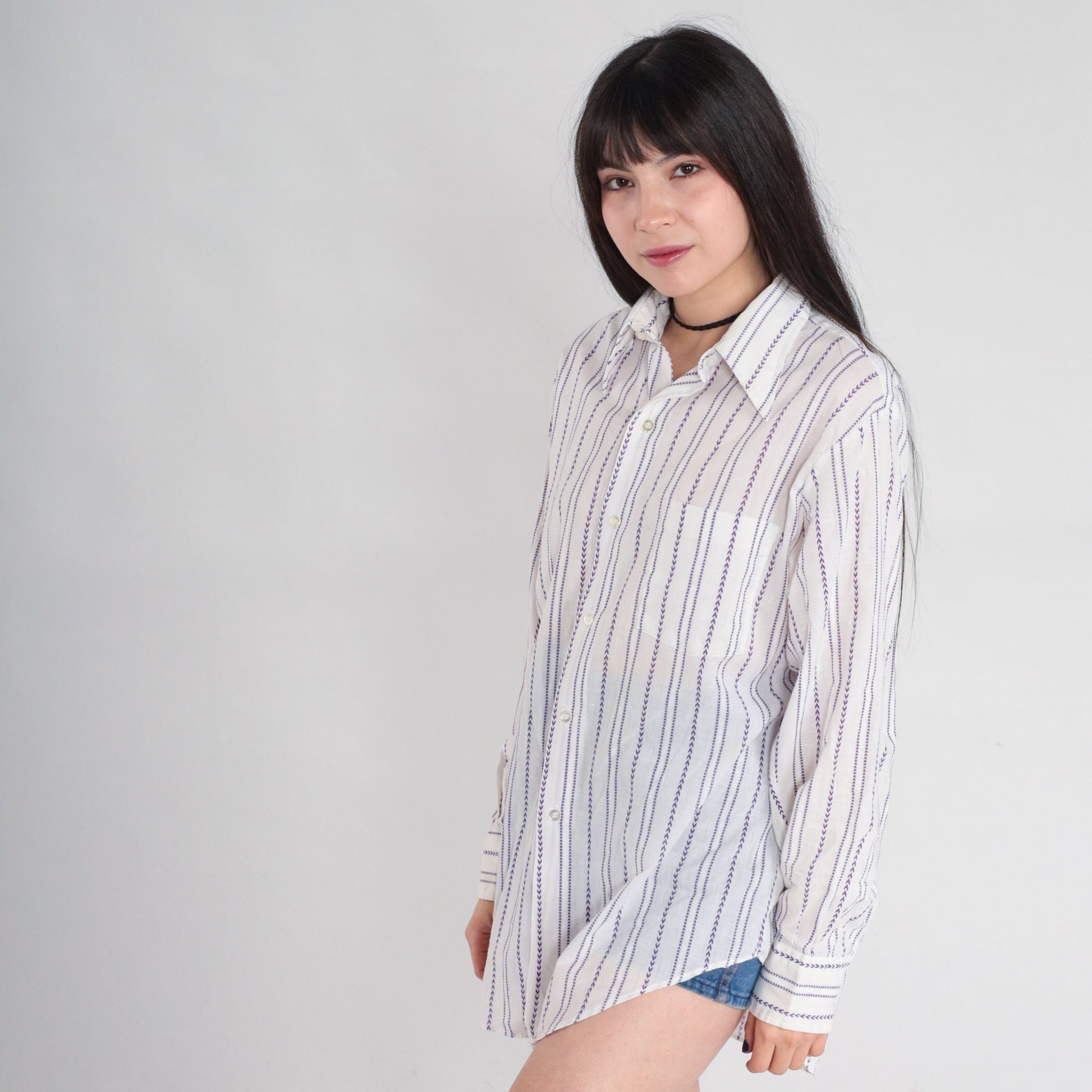70s White Purple Chevron Striped Oxford Button-Up Shirt Cotton Mens Medium
