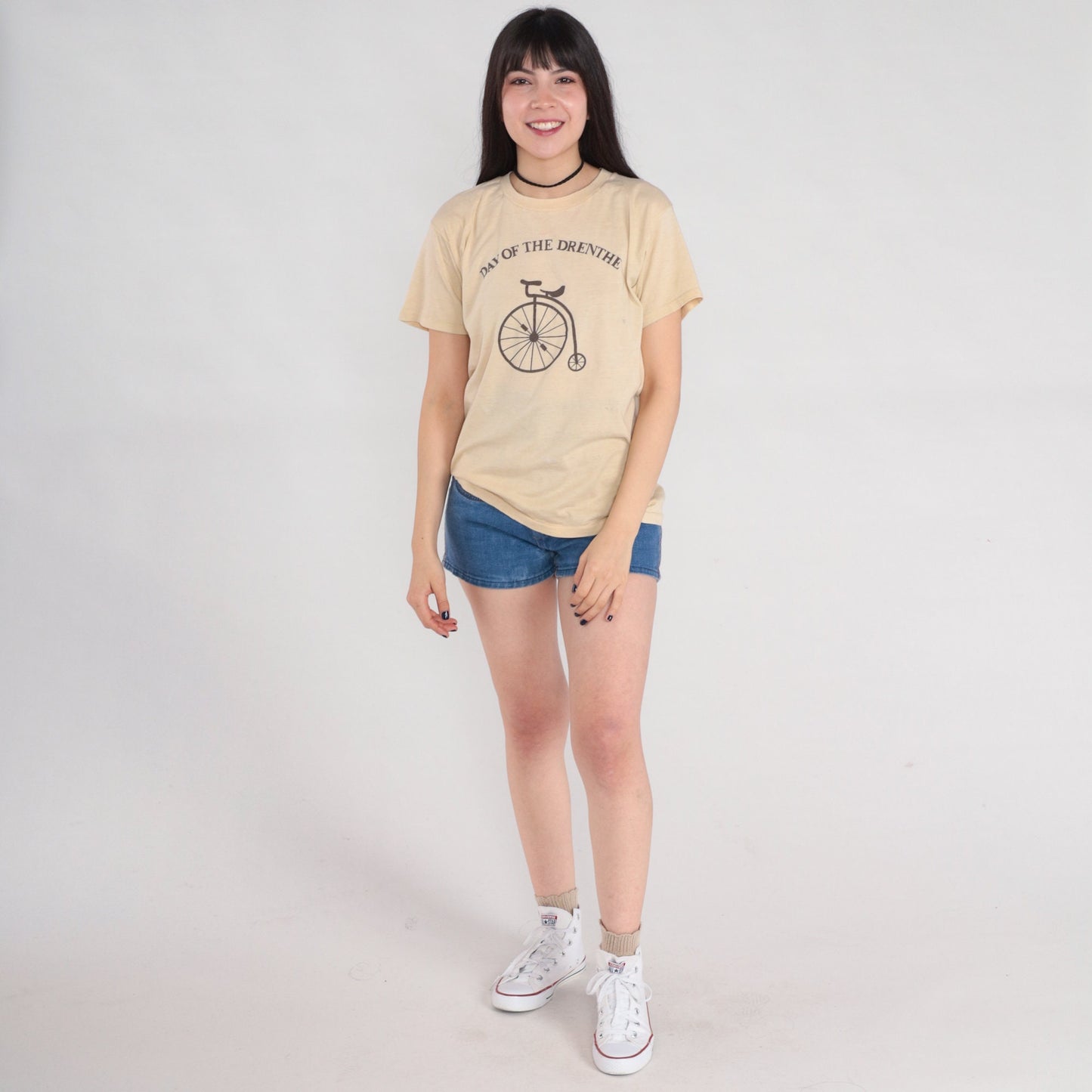 80s Day of the Drenthe Cycling Graphic T-Shirt Penny-Farthing Tan Single Stitch Small
