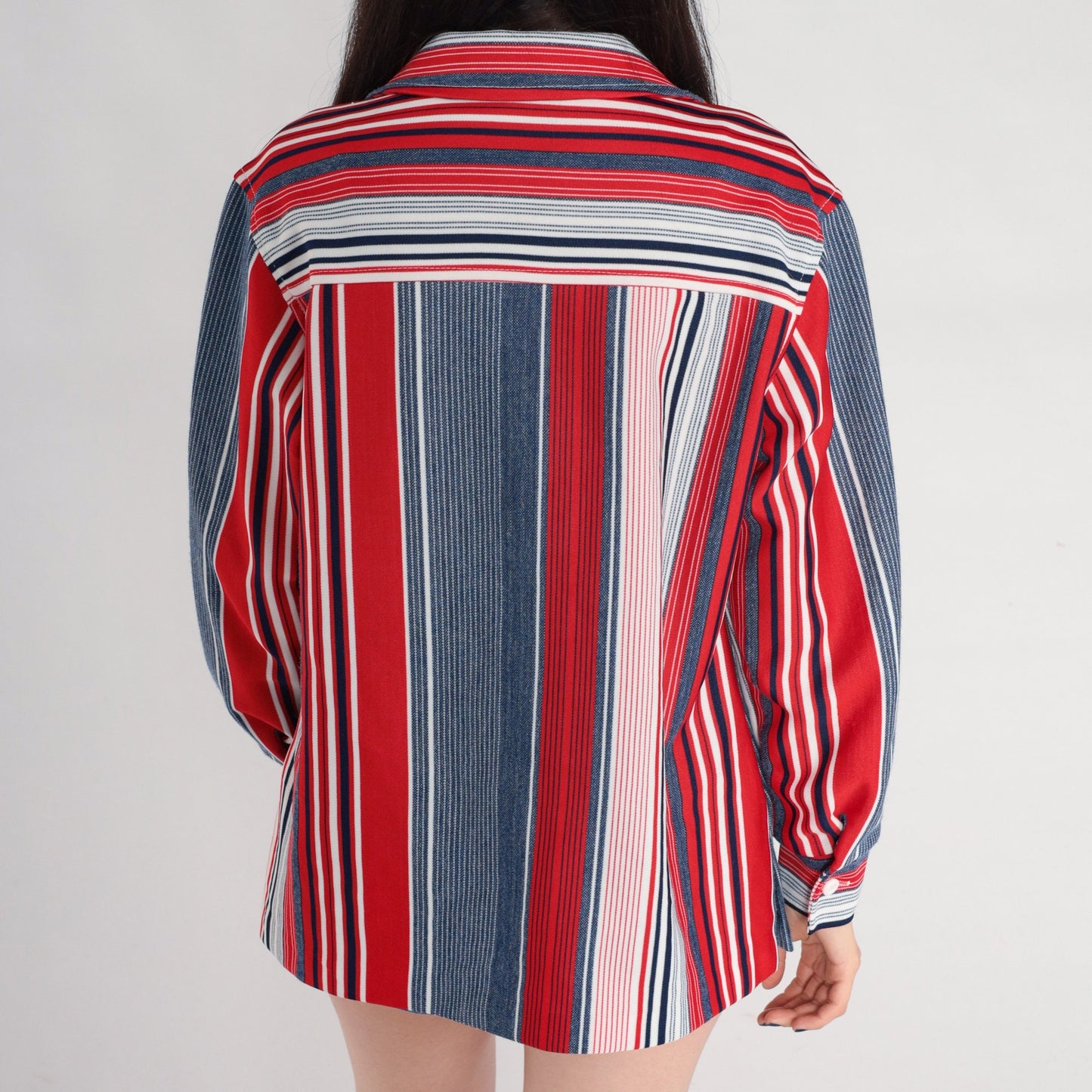 70s Red White Blue Striped Button Up Blouse Notched Collar Long Sleeve Medium Large
