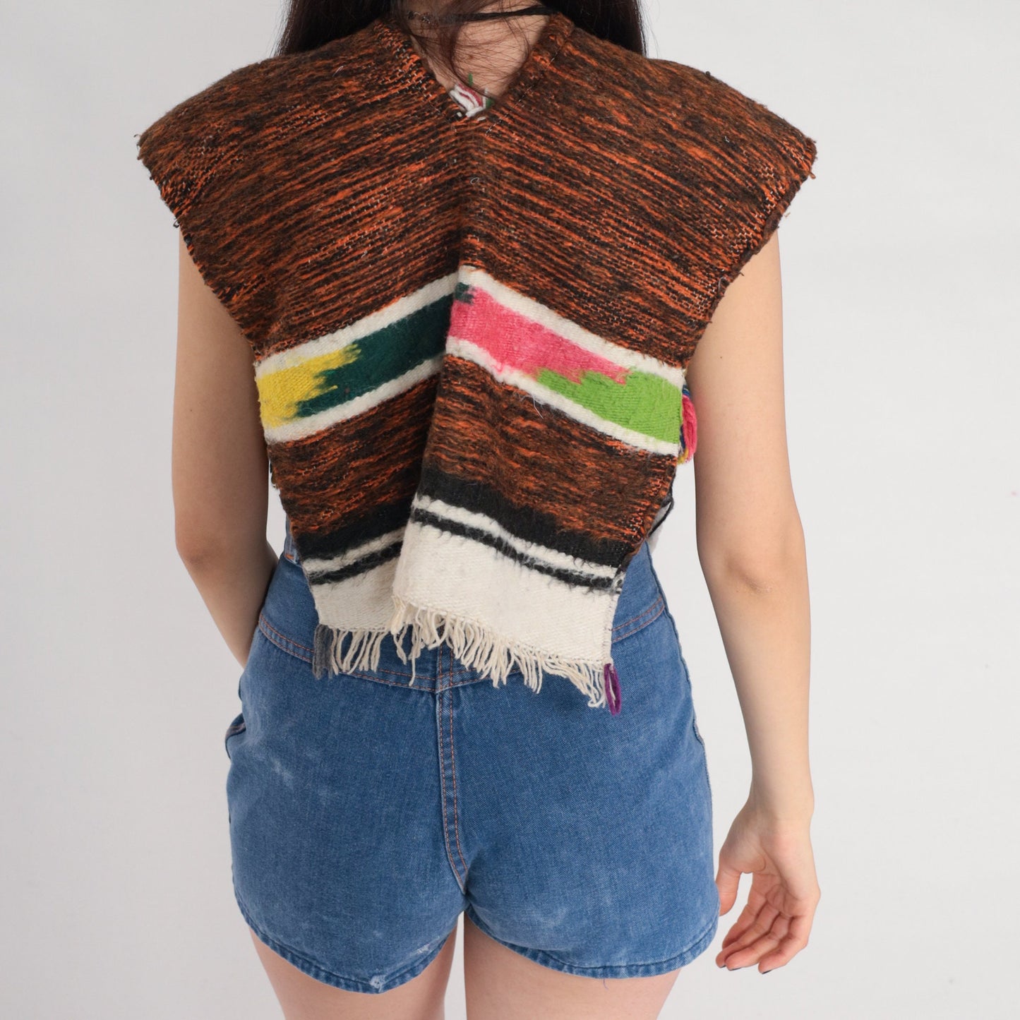 80s Woven Poncho Brown Southwestern Fringe Open Side Cape Extra Small