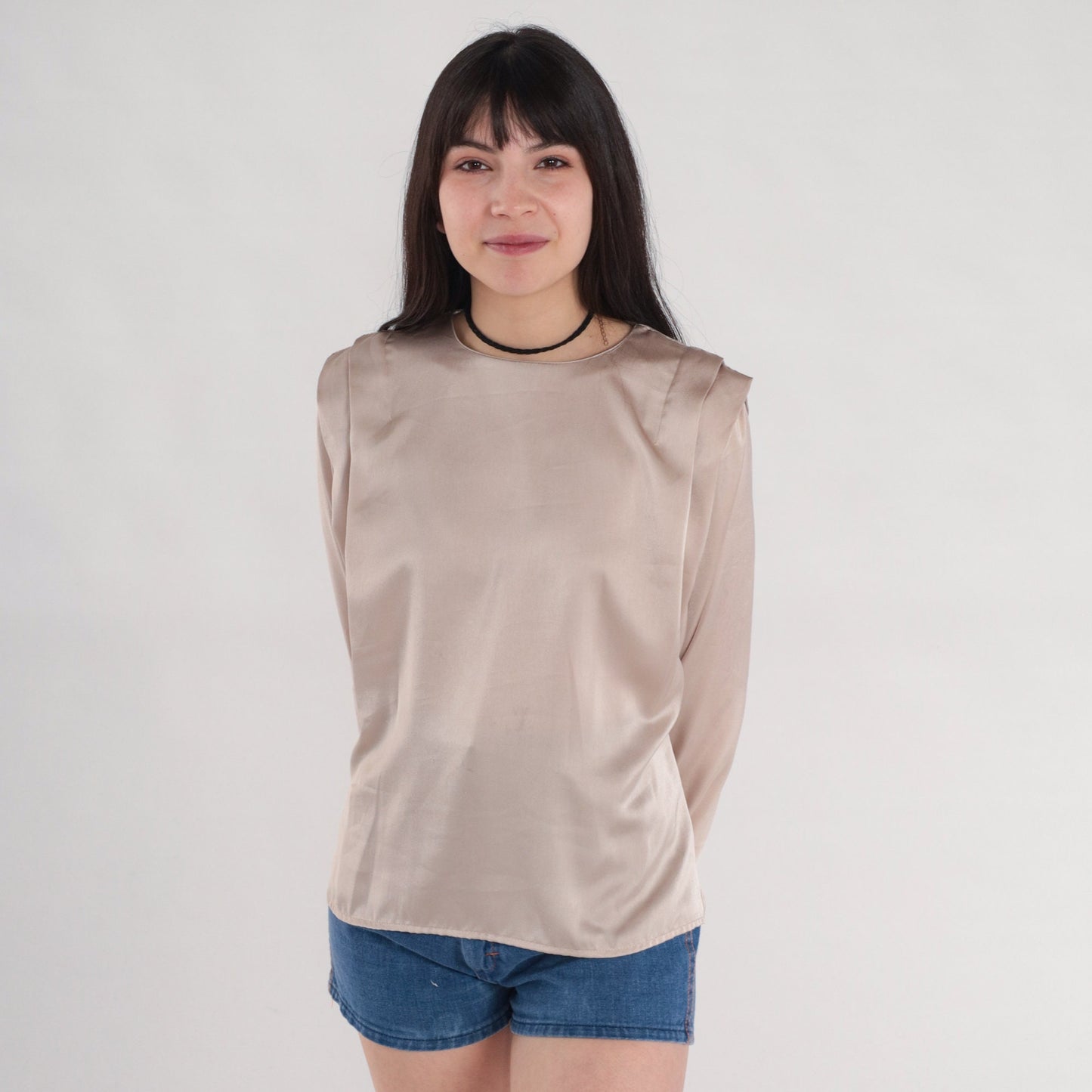 80s Champagne Pleated Blouse Long Sleeve Button Back Shiny Top Small