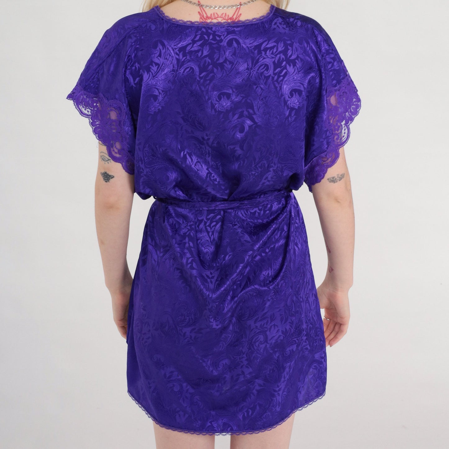 90s Purple Embossed Lingerie Robe Cap Sleeve Wrap Belted Mini Small S