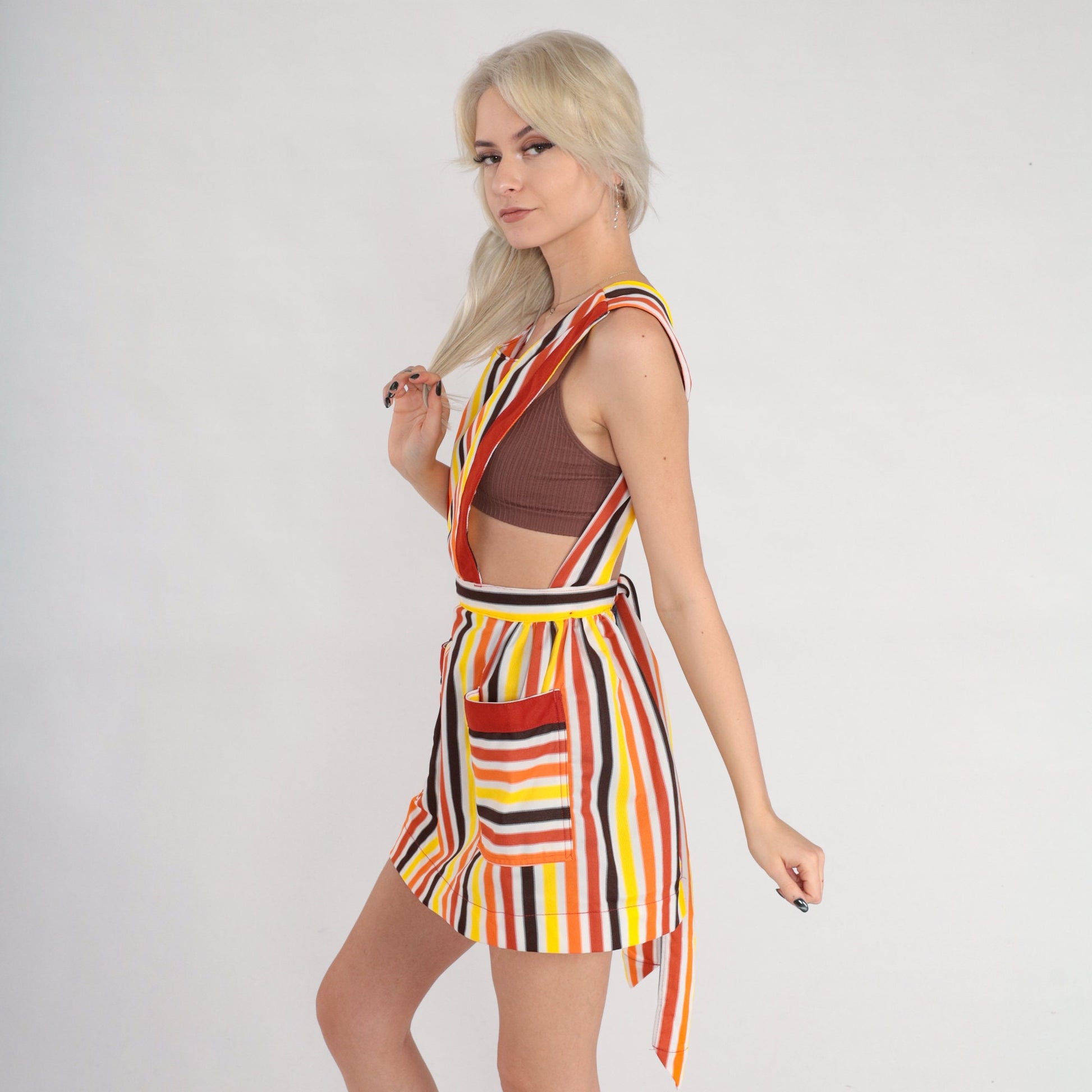 70s Striped Apron Dress Open Back Pinafore Mini XS Multicolor