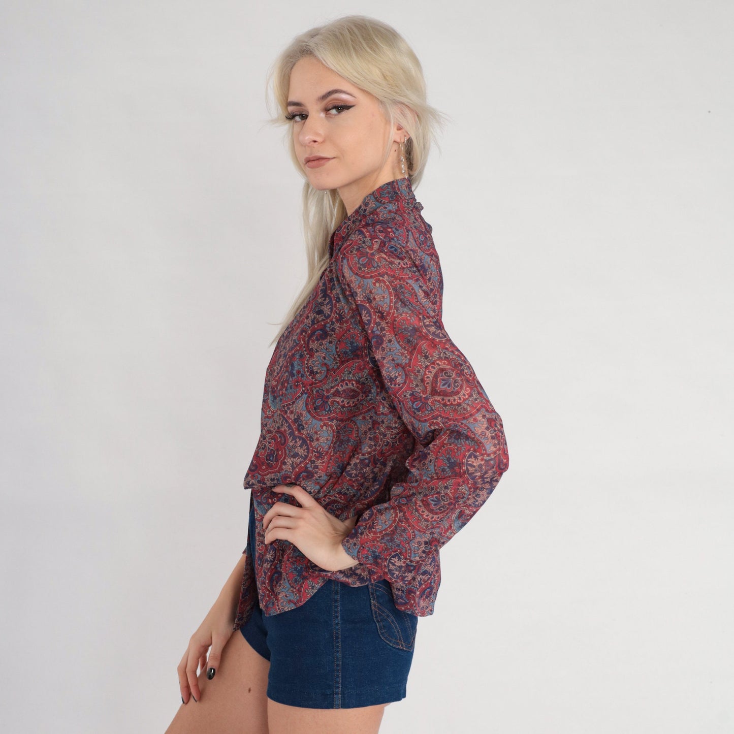70s Indian Floral Open Front Blouse Mandarin Collar Long Sleeve Medium