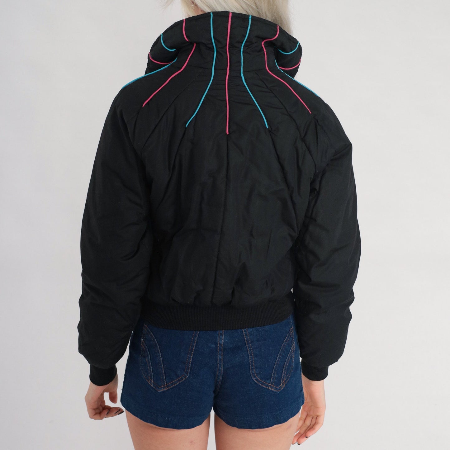 70s Black Puffer Ski Jacket Pink Blue Piping Zip Bomber Extra Small