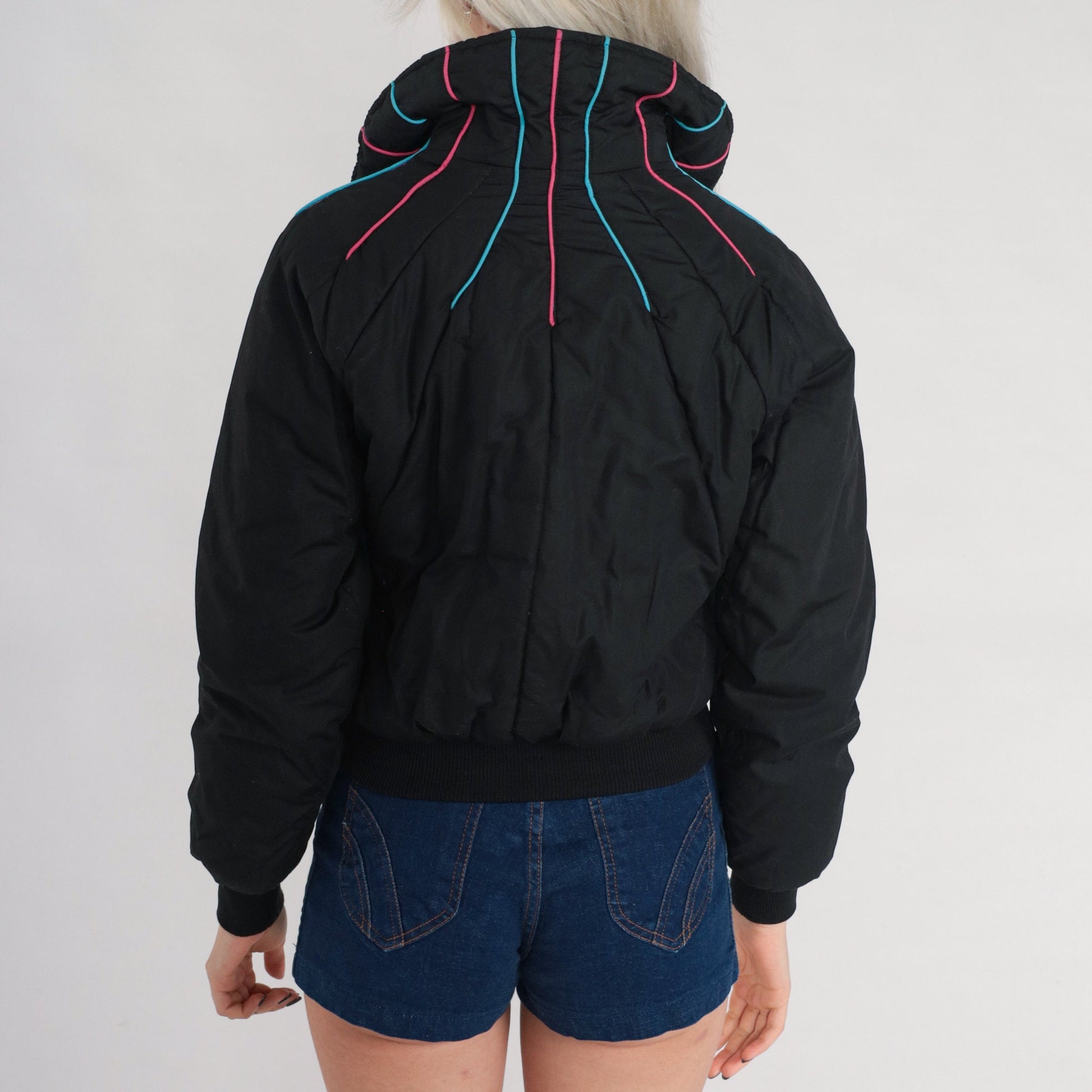 70s Black Puffer Ski Jacket Pink Blue Piping Zip Bomber Extra Small
