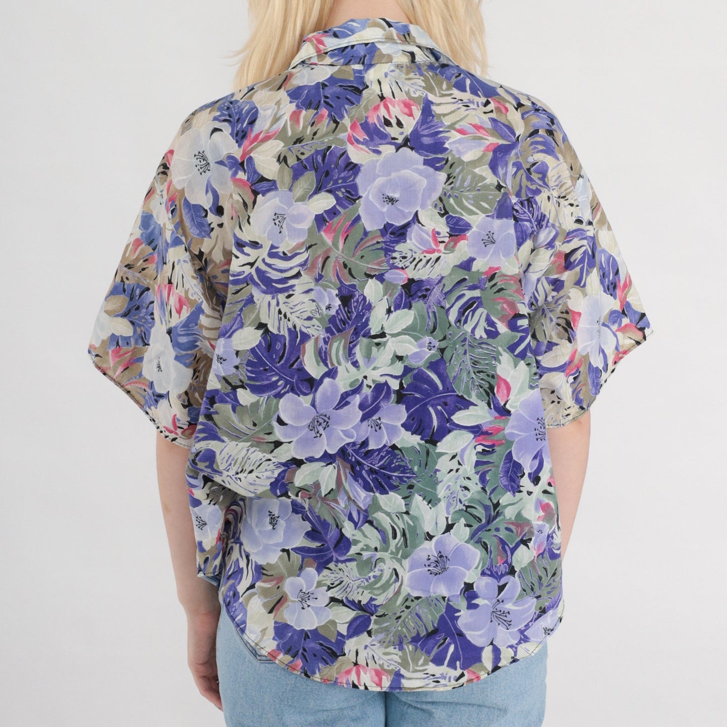 80s Floral Button Up Blouse Purple Green Short Sleeve Tropical Print Medium