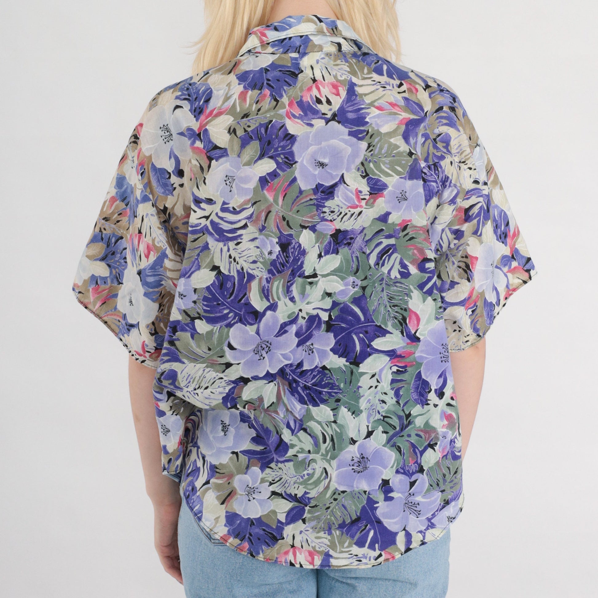80s Floral Button Up Blouse Purple Green Short Sleeve Tropical Print Medium