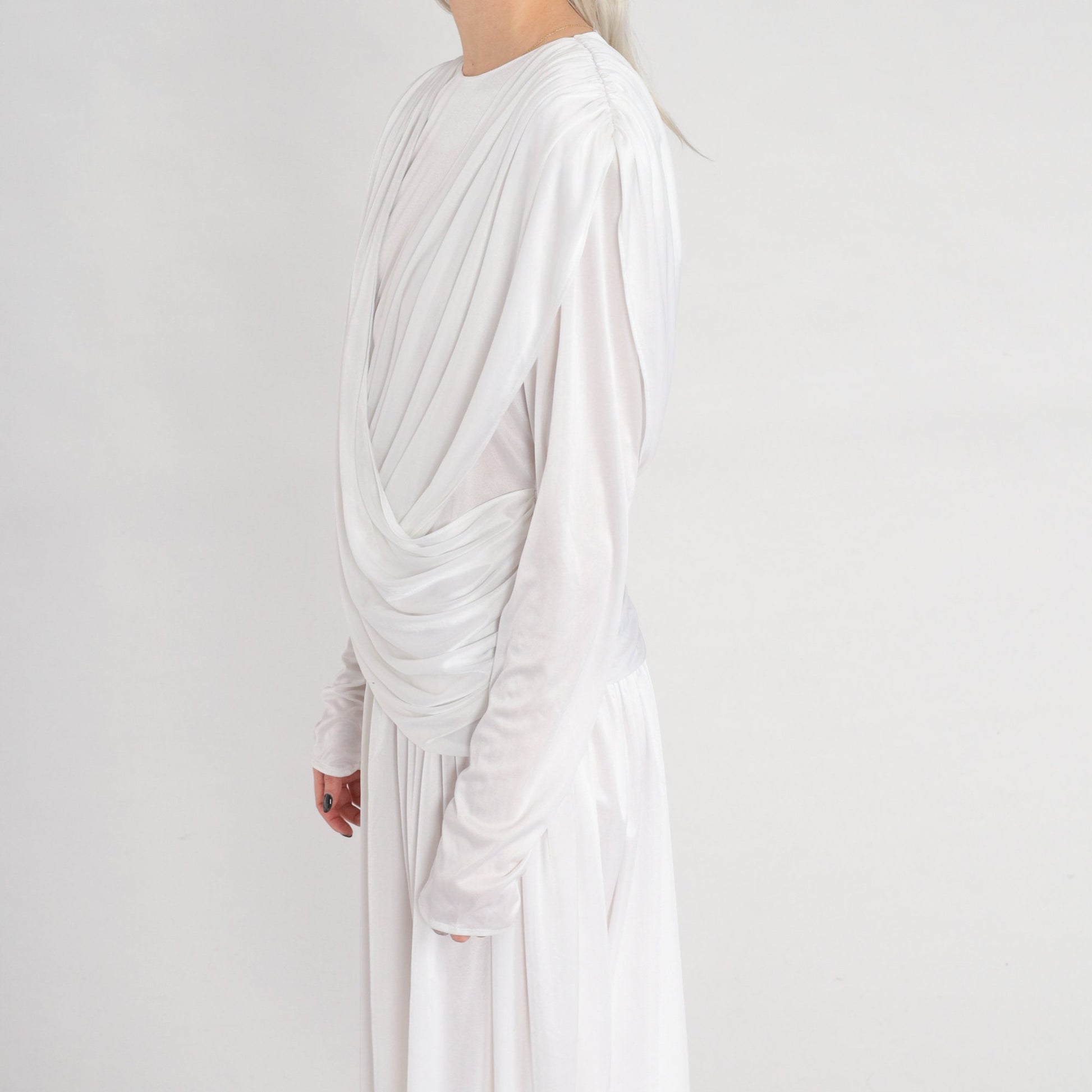 80s White Draped Midi Dress Long Sleeve Grecian Formal Small
