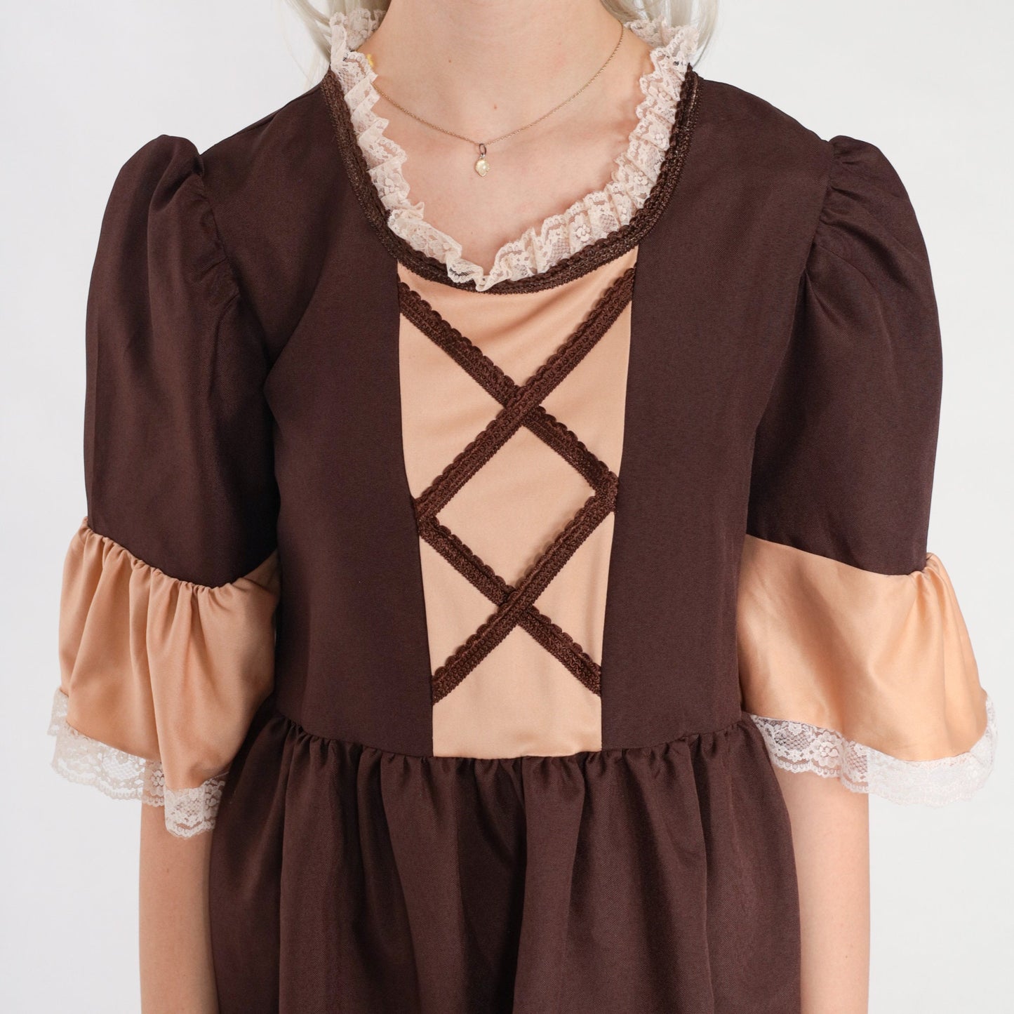 Y2K Brown Cotton Mini Dress Puff Sleeve Lace-Up Chest Extra Small