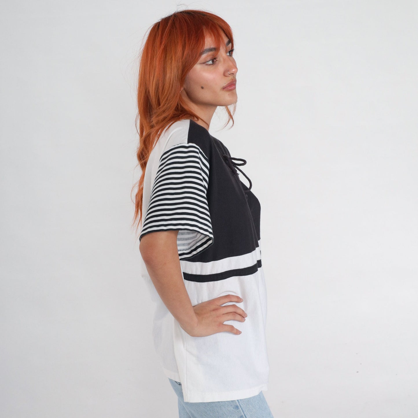 90s Black White Striped T-Shirt Lace-Up Corset Neckline Extra Large