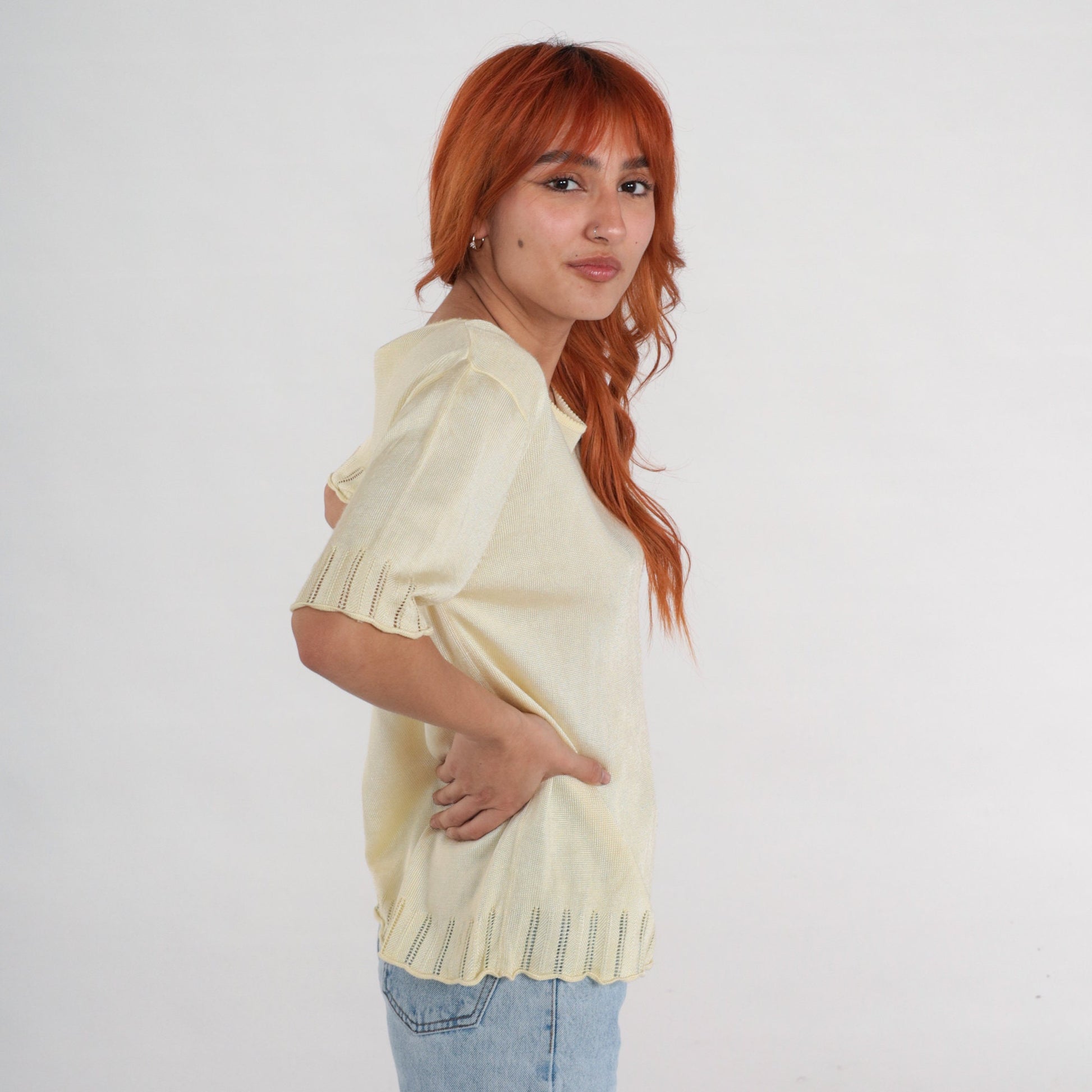 90s Pale Yellow Knit Cutout Blouse Short Sleeve Medium