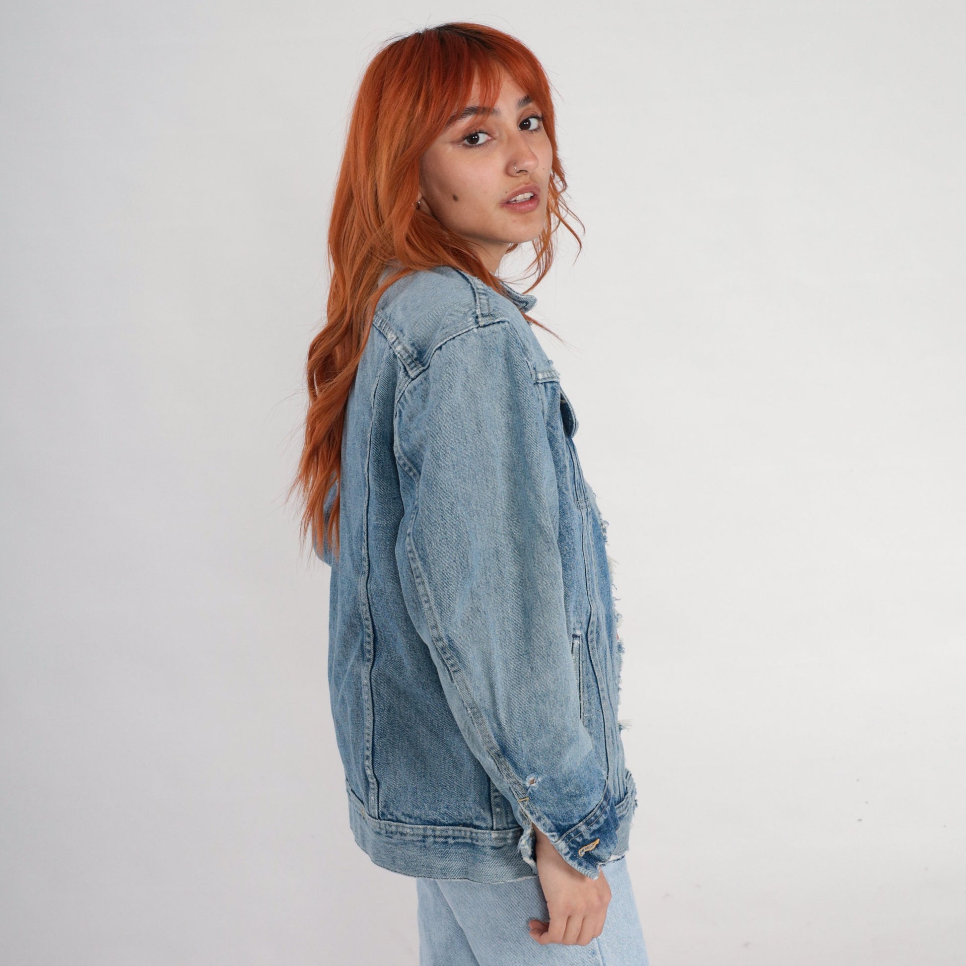 80s Lee Denim Jacket Distressed Ripped Blue Wash Trucker Small S