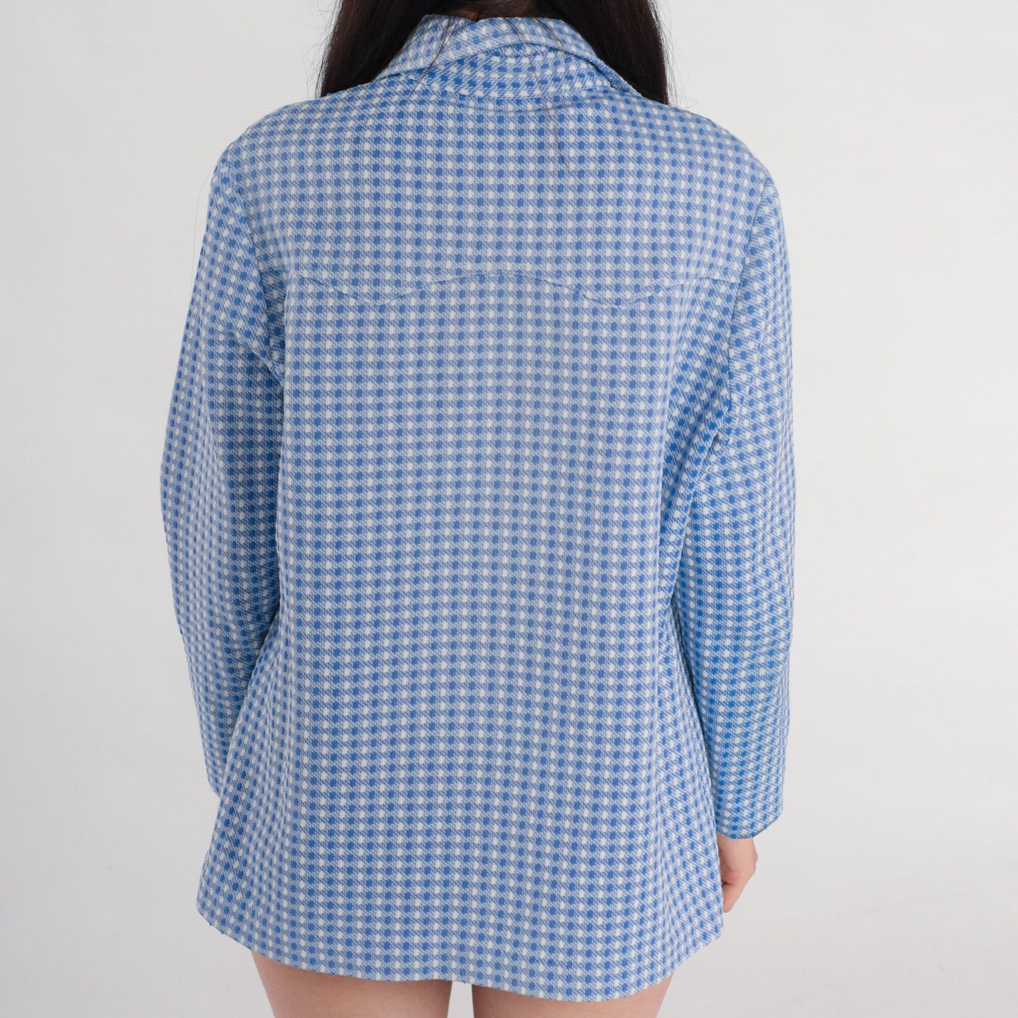 70s Western Shirt Blue Checkered Button-Up Blouse Long Sleeve Medium Large